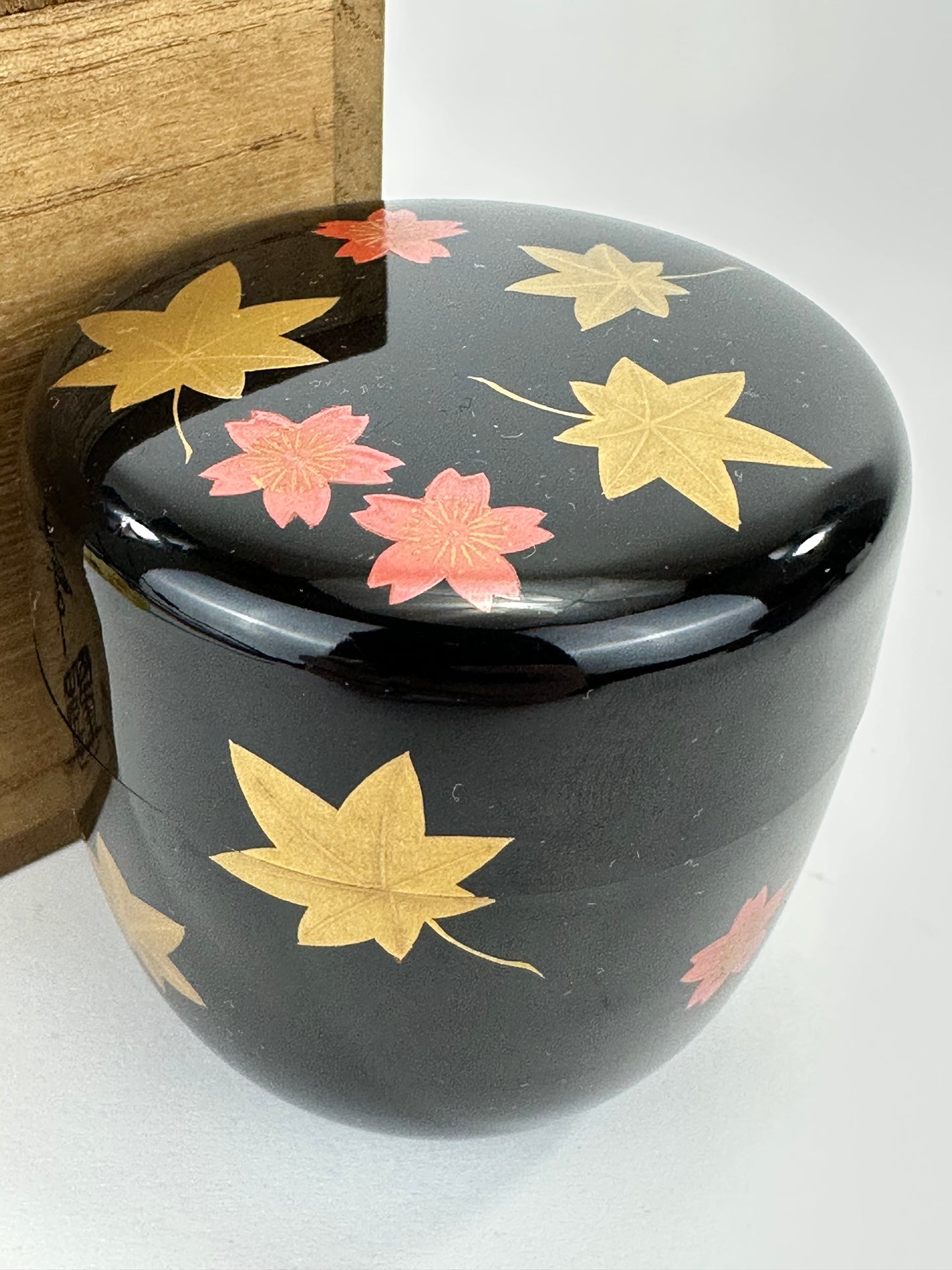 Vintage Japanese Lacquer Tea Caddy Natsume with Maple Leaf Maki-e Signed 3"H
