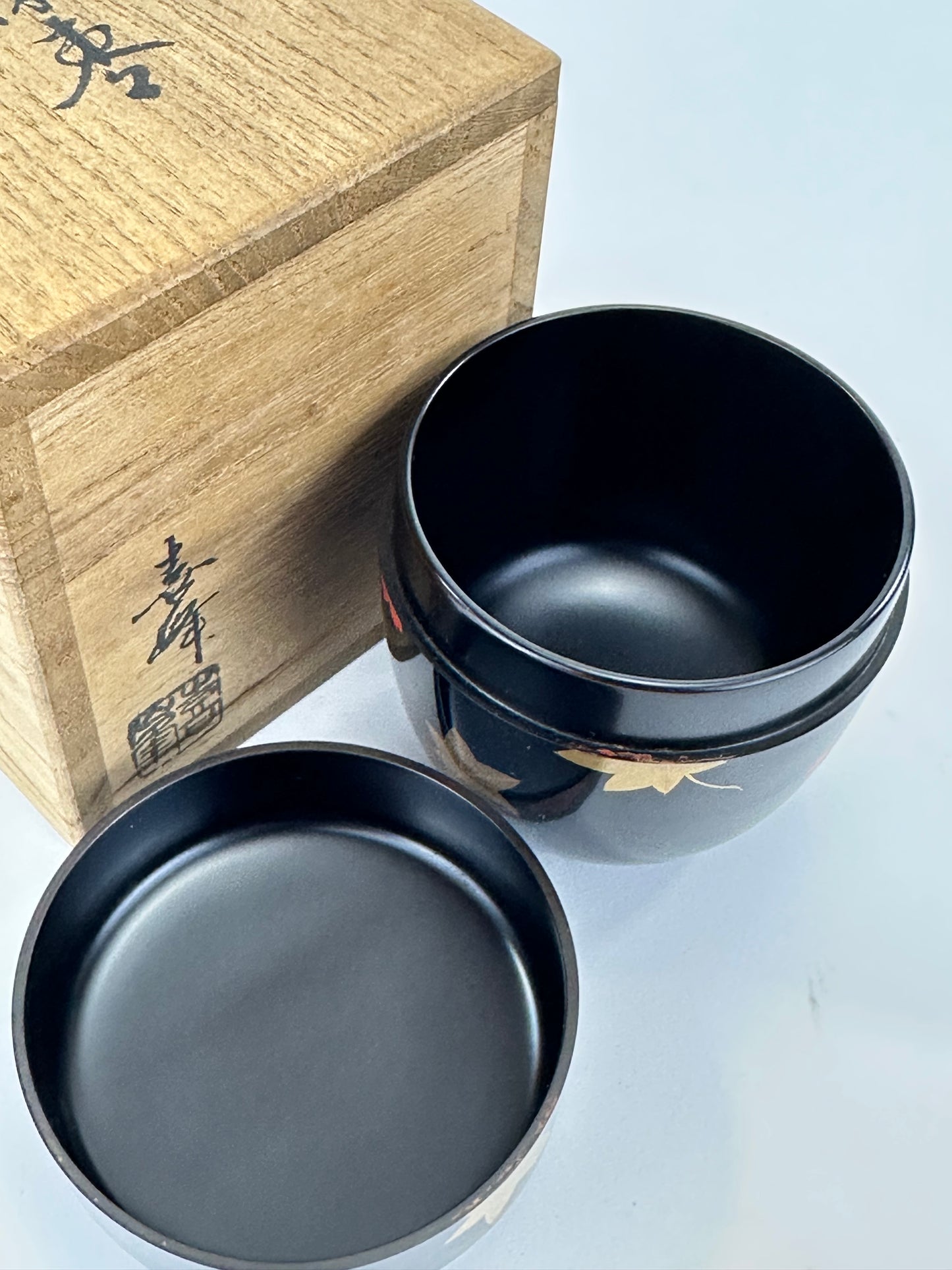 Vintage Japanese Lacquer Tea Caddy Natsume with Maple Leaf Maki-e Signed 3"H