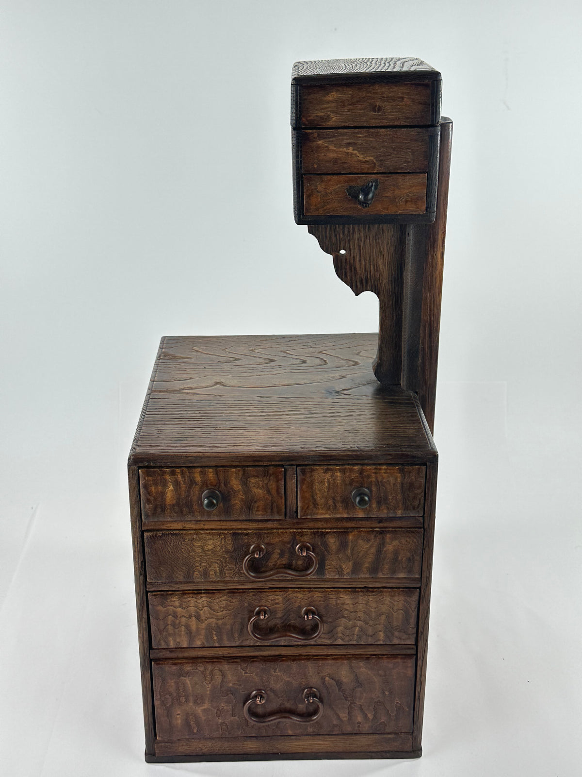 Antique Japanese Keyaki Burlwood Haribako Two-Tier Sewing Chest 19.5"H