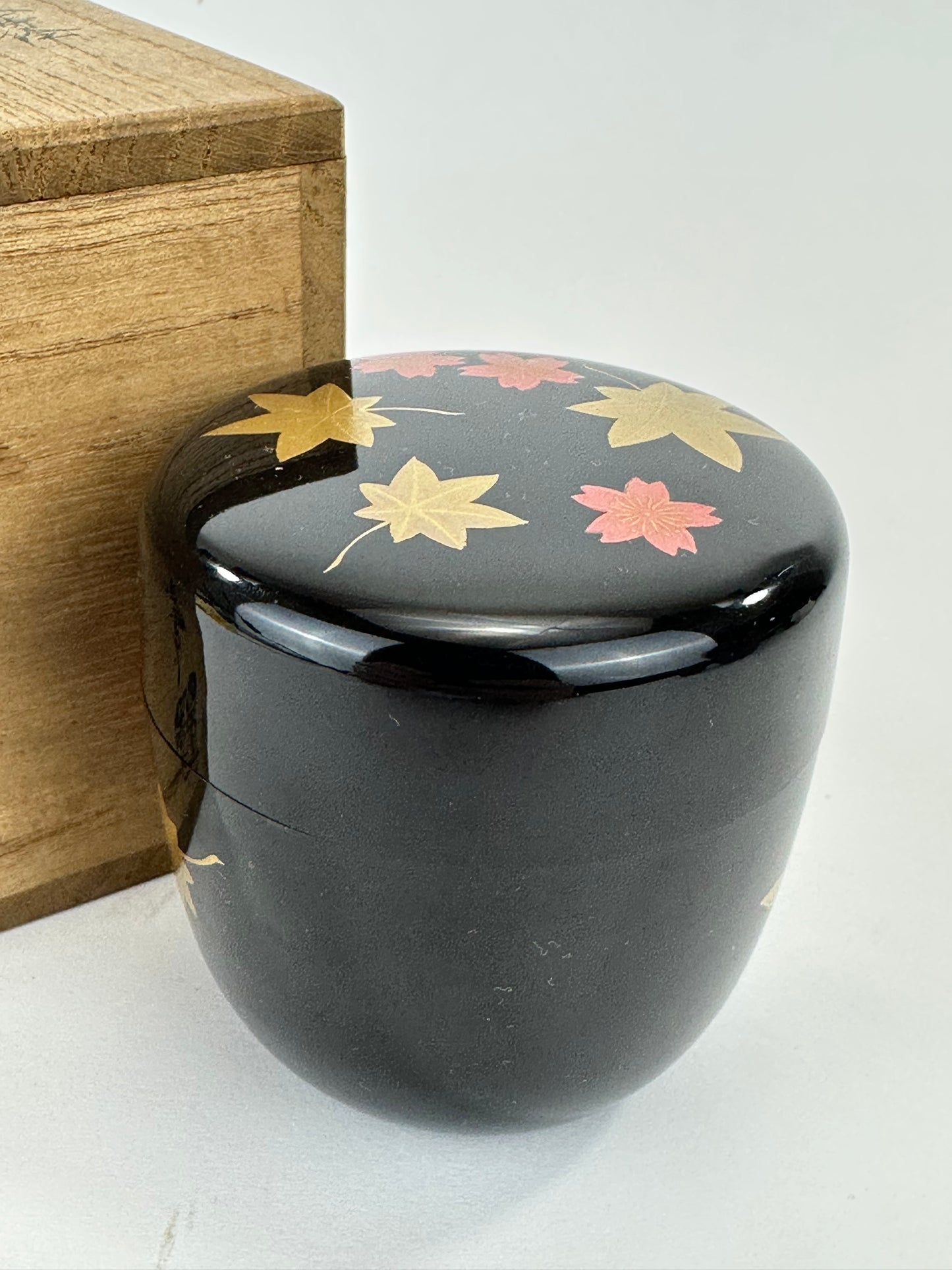 Vintage Japanese Lacquer Tea Caddy Natsume with Maple Leaf Maki-e Signed 3"H