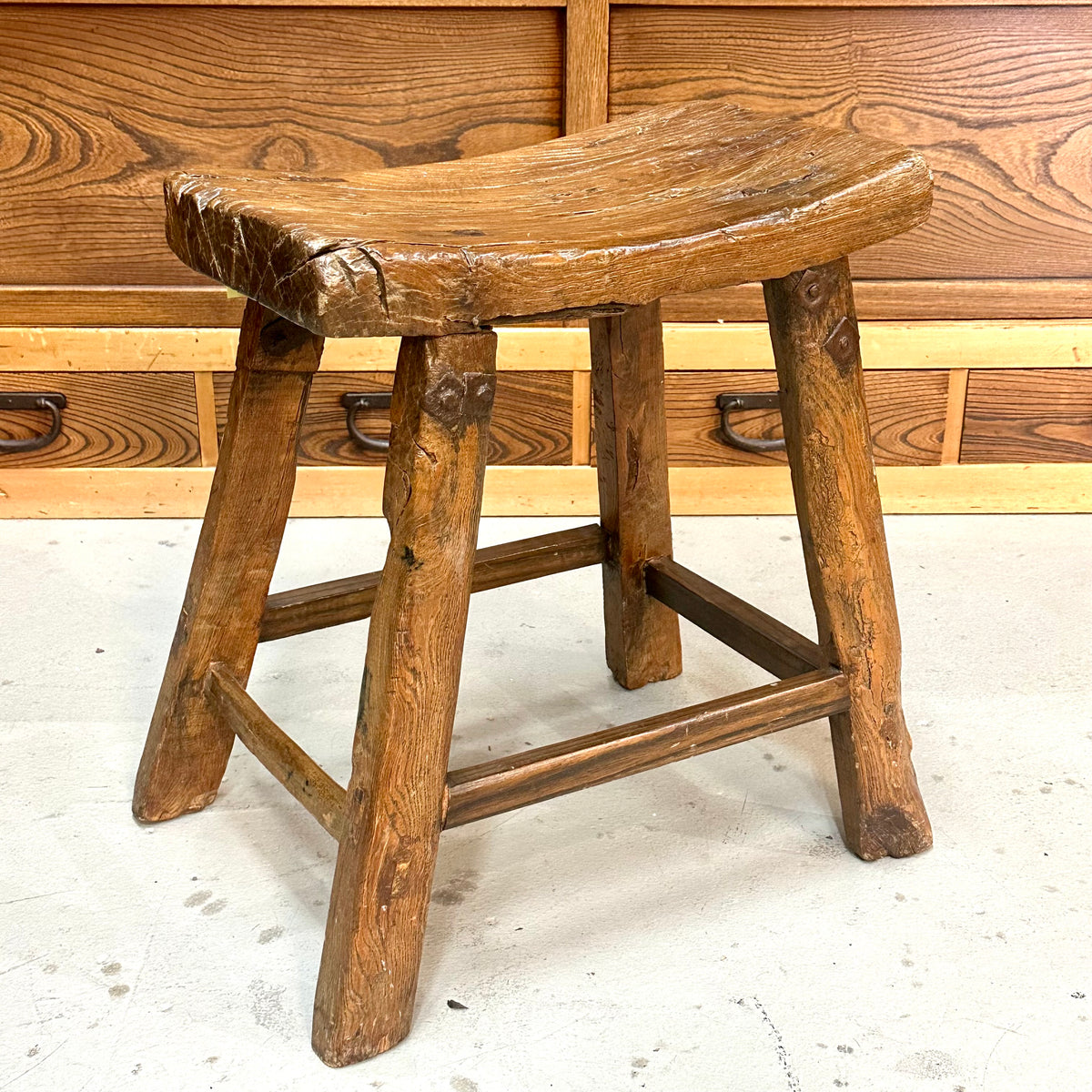 ntique Chinese Elm Rustic Farm Stool Waisted Saddle Seat Late Qing 20"H