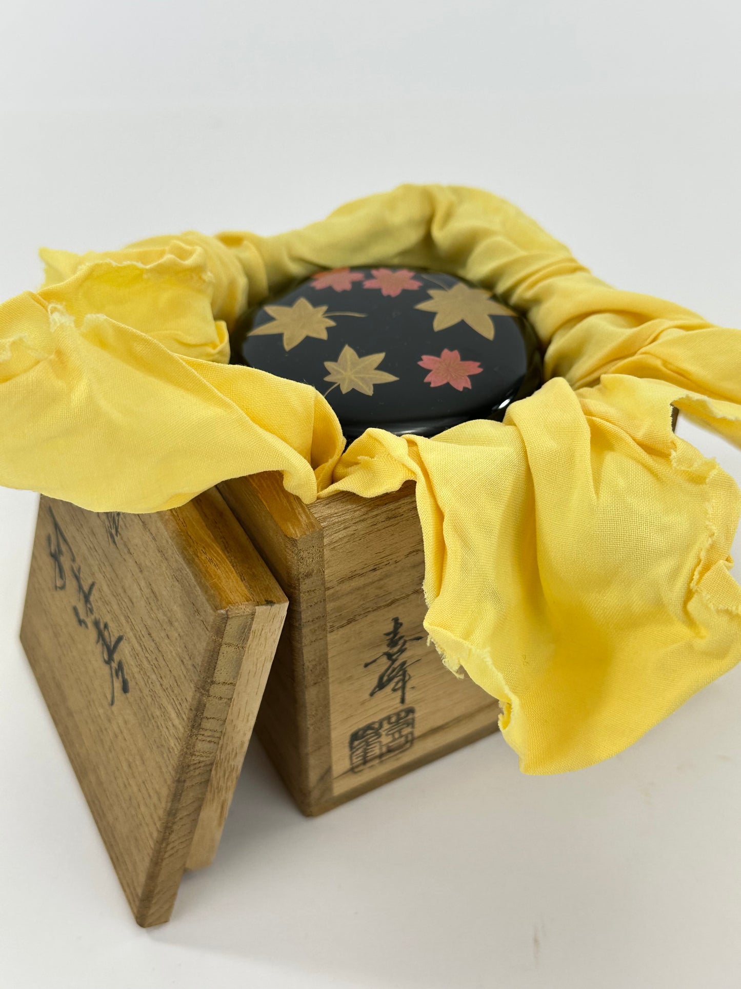 Vintage Japanese Lacquer Tea Caddy Natsume with Maple Leaf Maki-e Signed 3"H