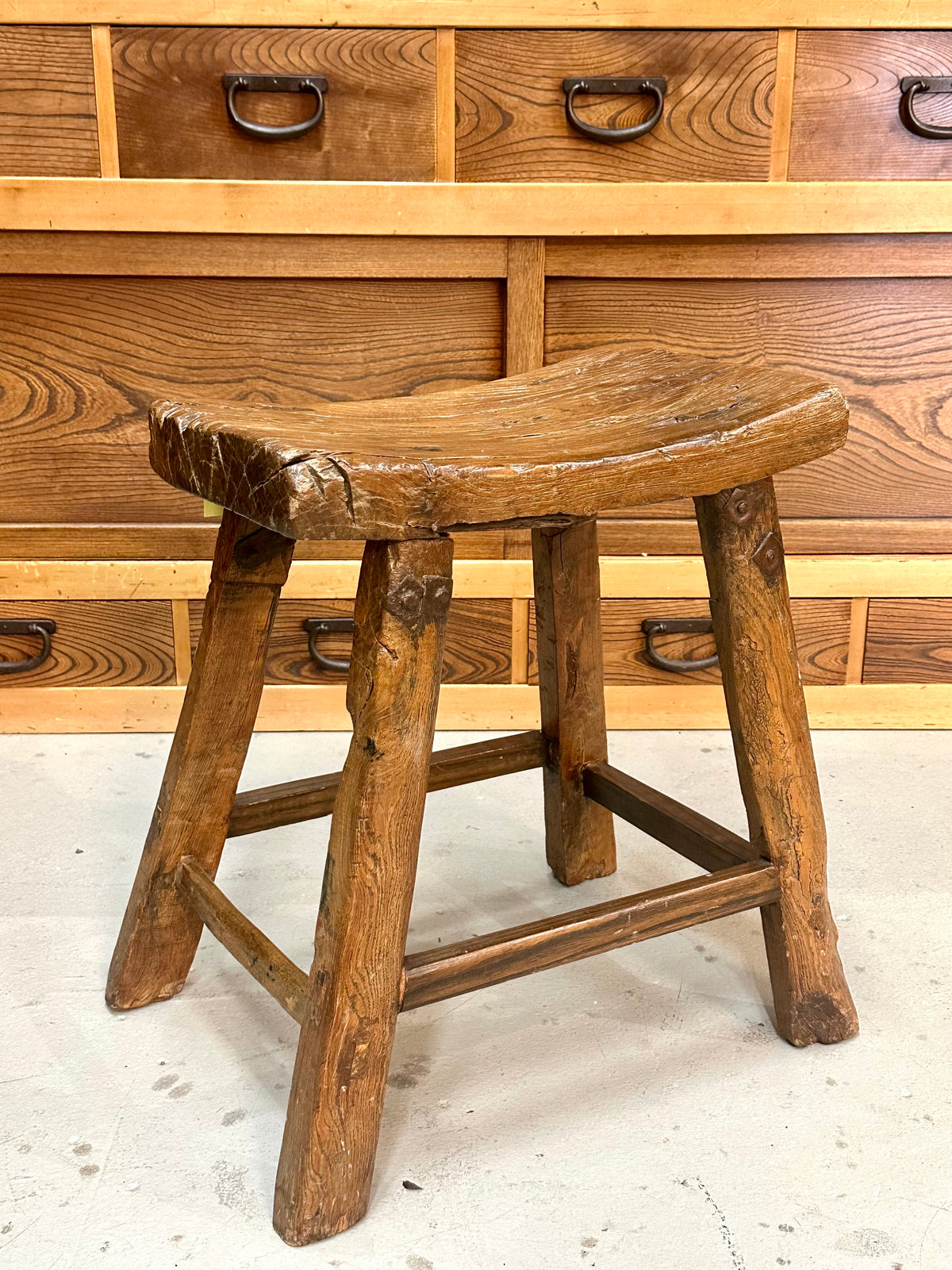 ntique Chinese Elm Rustic Farm Stool Waisted Saddle Seat Late Qing 20"H