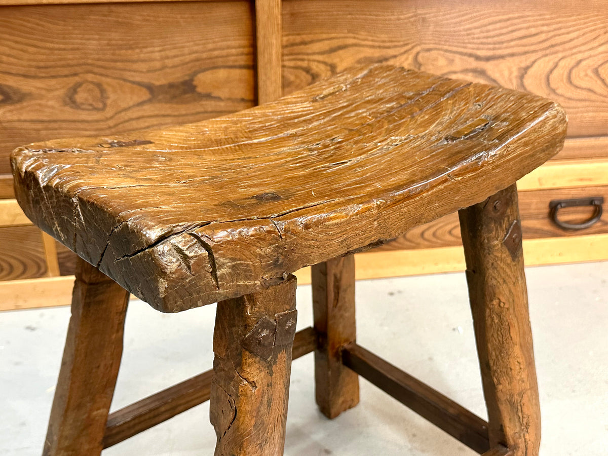 ntique Chinese Elm Rustic Farm Stool Waisted Saddle Seat Late Qing 20"H
