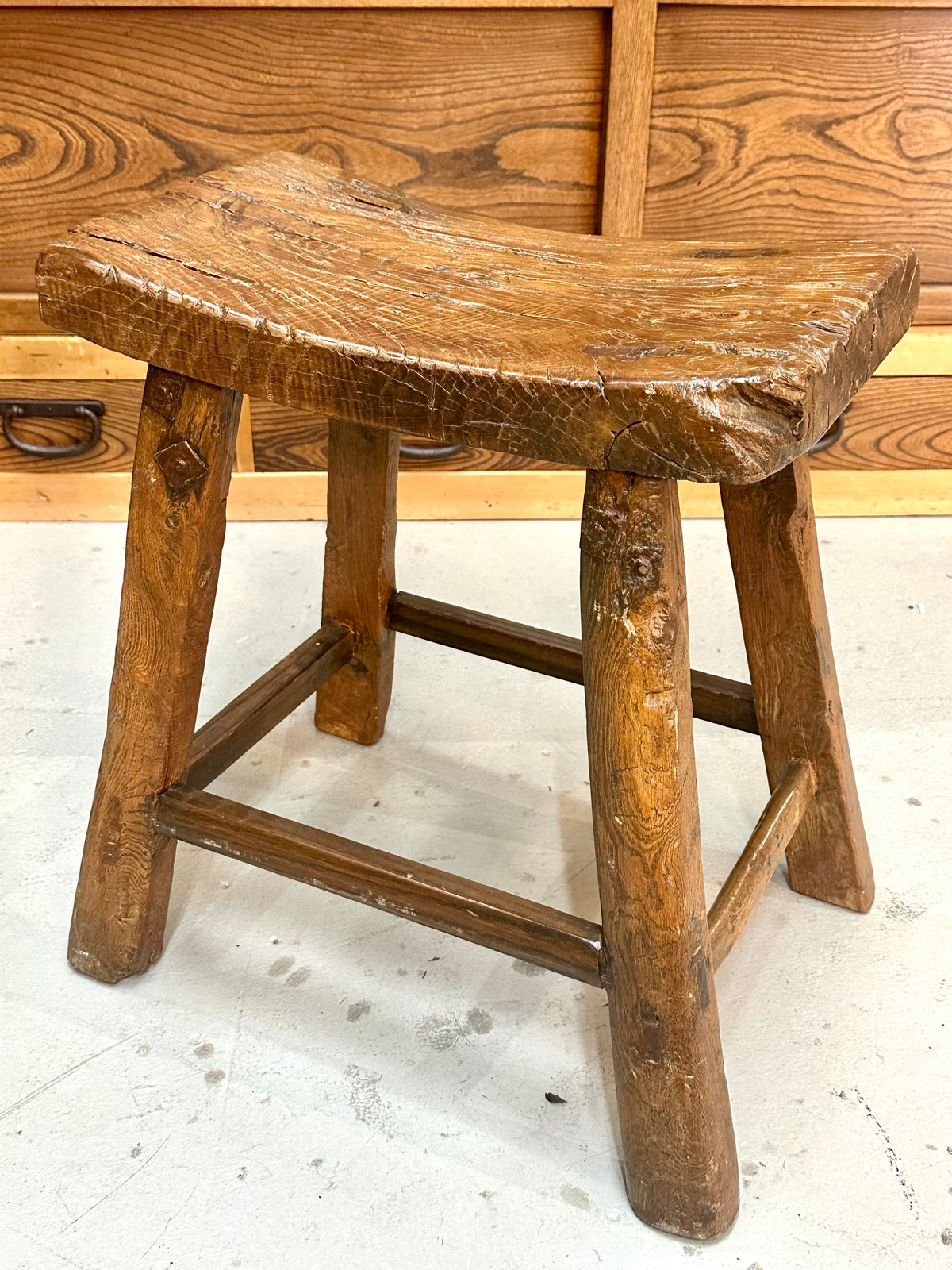 ntique Chinese Elm Rustic Farm Stool Waisted Saddle Seat Late Qing 20"H