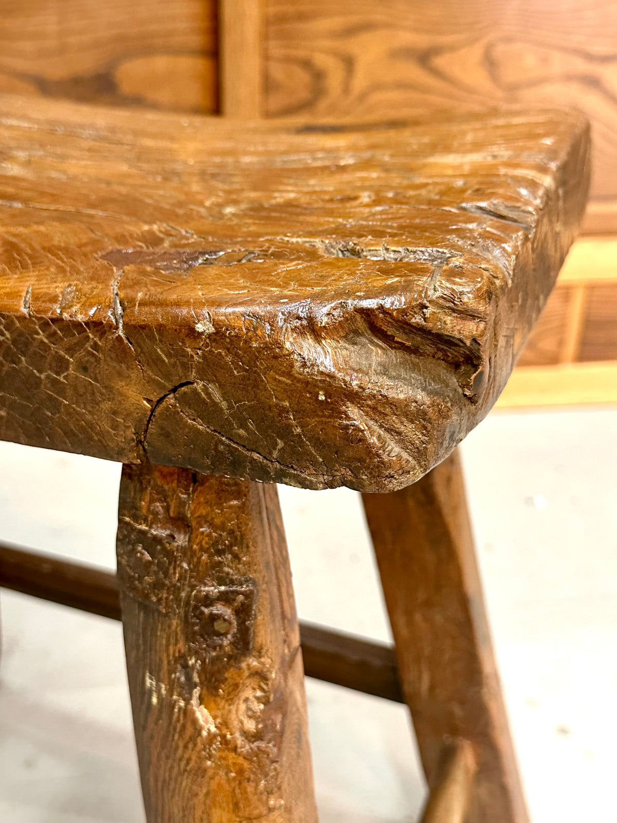 ntique Chinese Elm Rustic Farm Stool Waisted Saddle Seat Late Qing 20"H