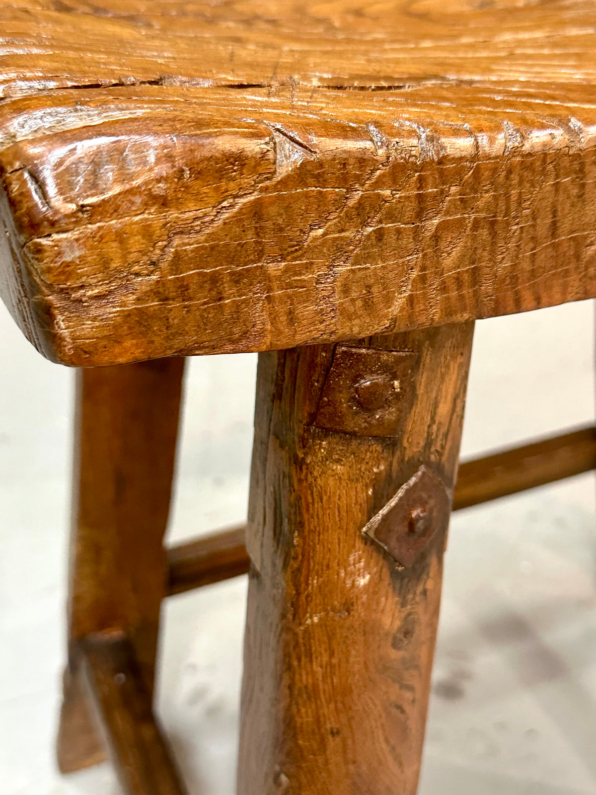 ntique Chinese Elm Rustic Farm Stool Waisted Saddle Seat Late Qing 20"H