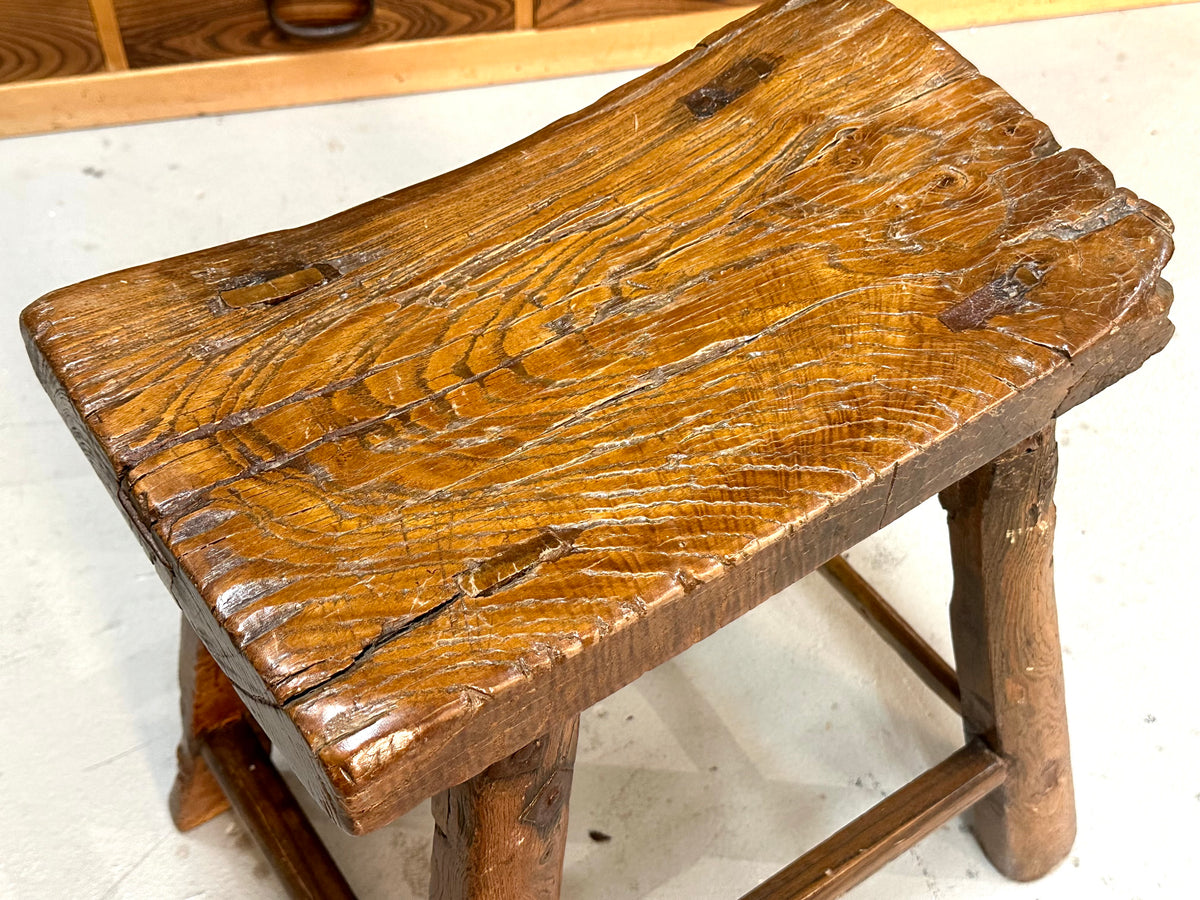 ntique Chinese Elm Rustic Farm Stool Waisted Saddle Seat Late Qing 20"H