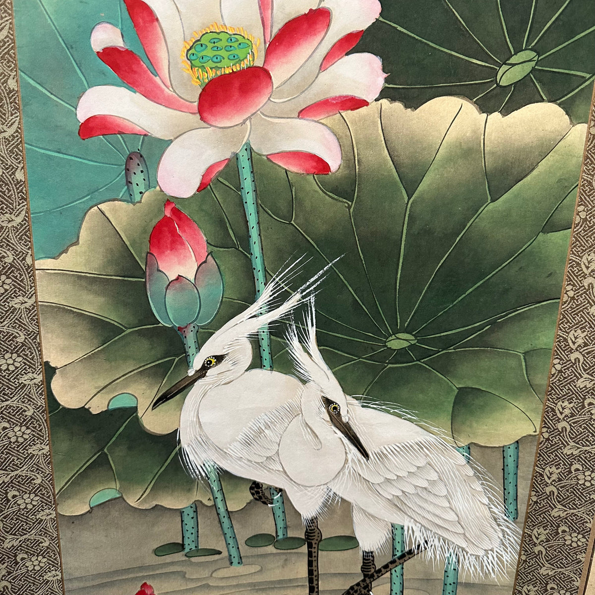Vintage Chinese Hanging Scroll Painting Egrets and Lotus Signed c1947 63"H