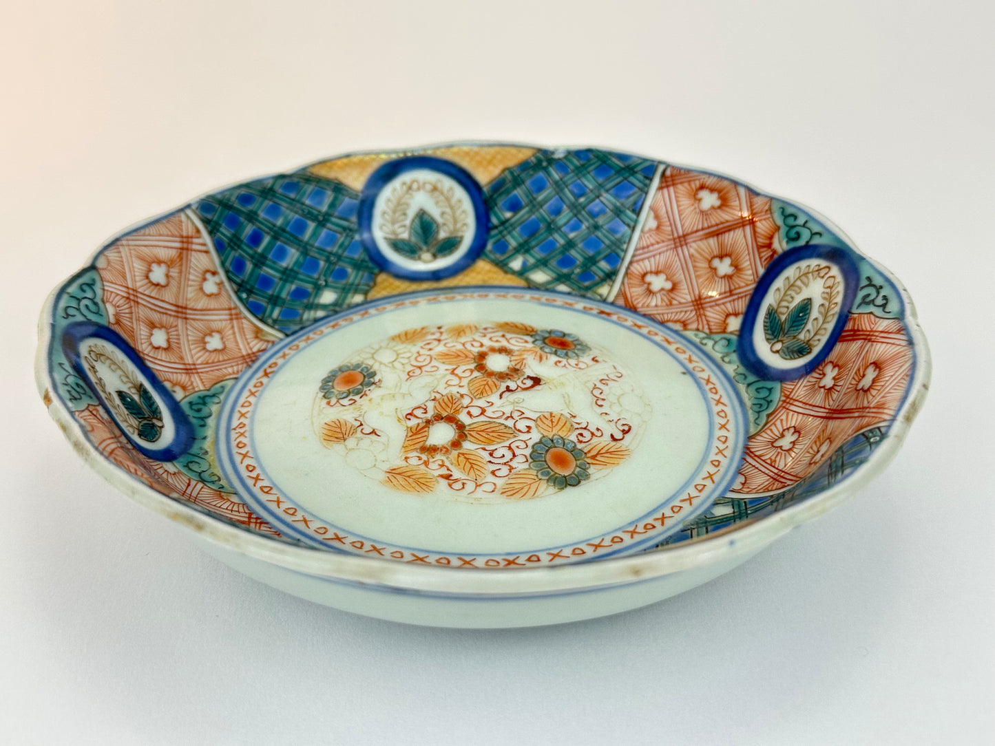 Antique Japanese Imari Porcelain Shallow Plate with Floral Panels and Birds 6.25"W