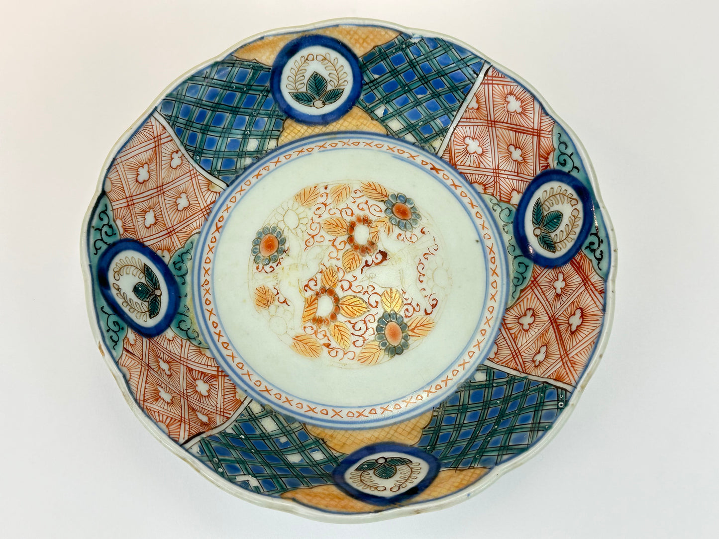 Antique Japanese Imari Porcelain Shallow Plate with Floral Panels and Birds 6.25"W