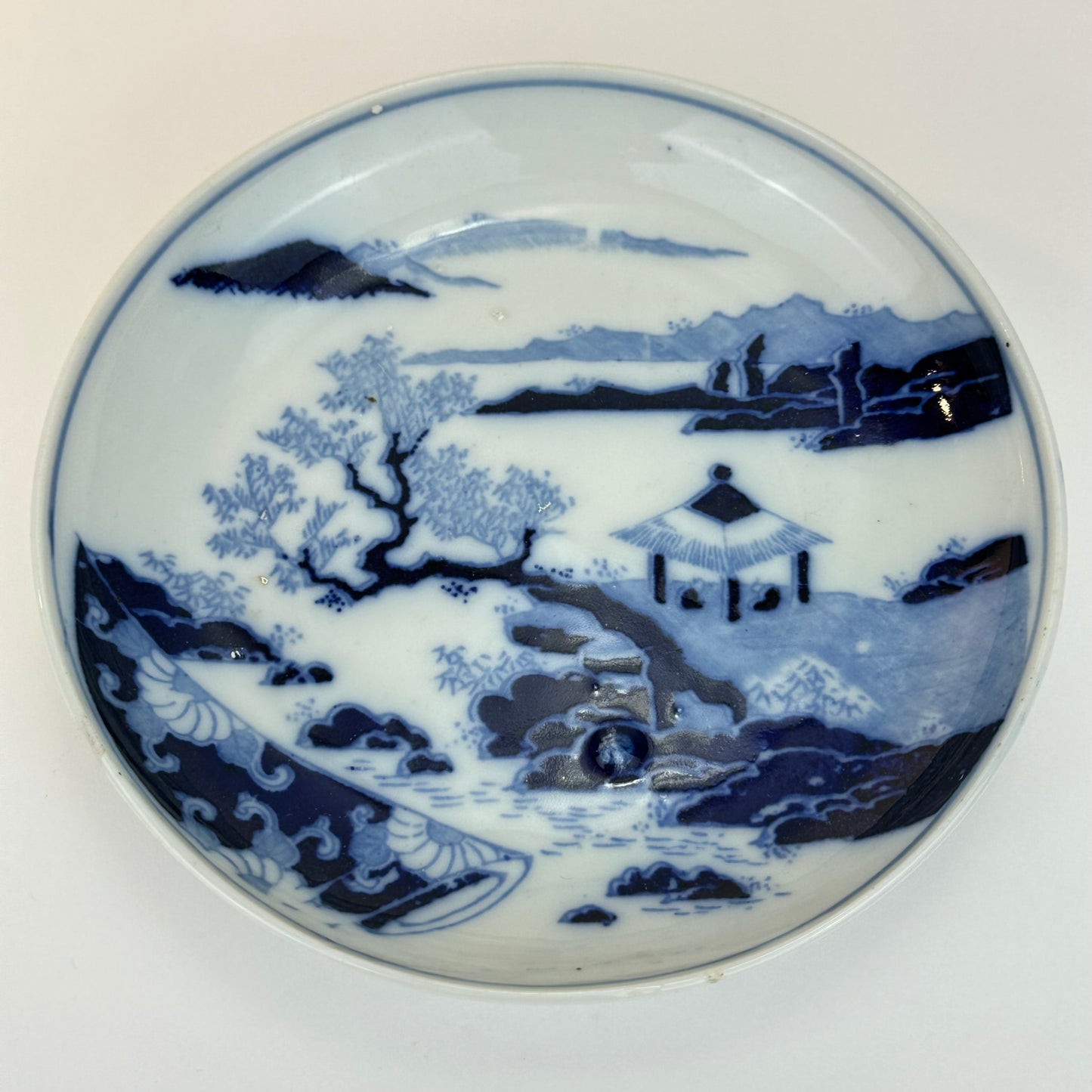 Antique Japanese Blue and White Landscape Dish with Pavilion Scene 6.25"W