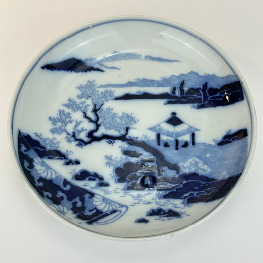 Antique Japanese Blue and White Landscape Dish with Pavilion Scene 6.25"W