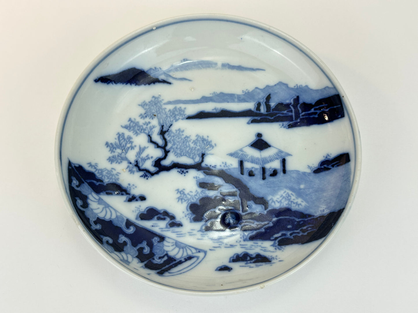 Antique Japanese Blue and White Landscape Dish with Pavilion Scene 6.25"W