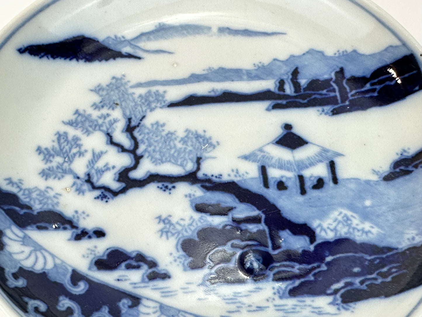 Antique Japanese Blue and White Landscape Dish with Pavilion Scene 6.25"W