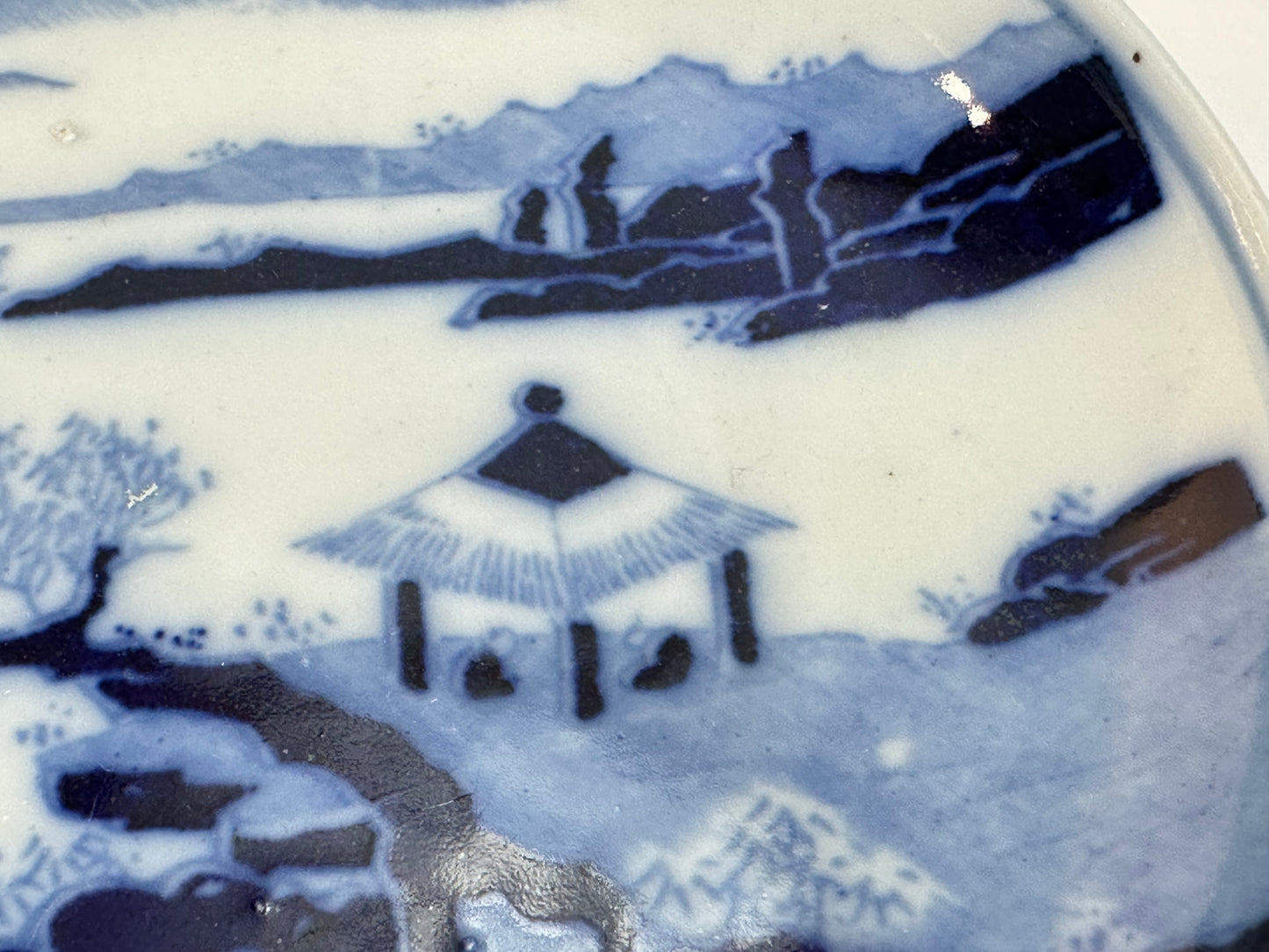 Antique Japanese Blue and White Landscape Dish with Pavilion Scene 6.25"W