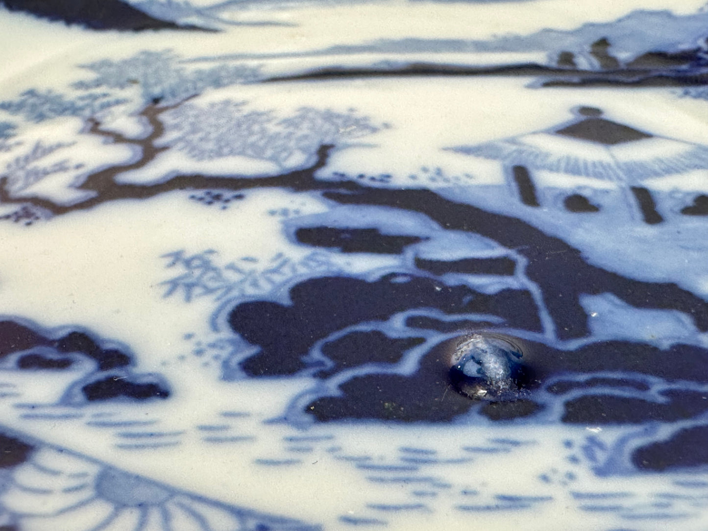 Antique Japanese Blue and White Landscape Dish with Pavilion Scene 6.25"W