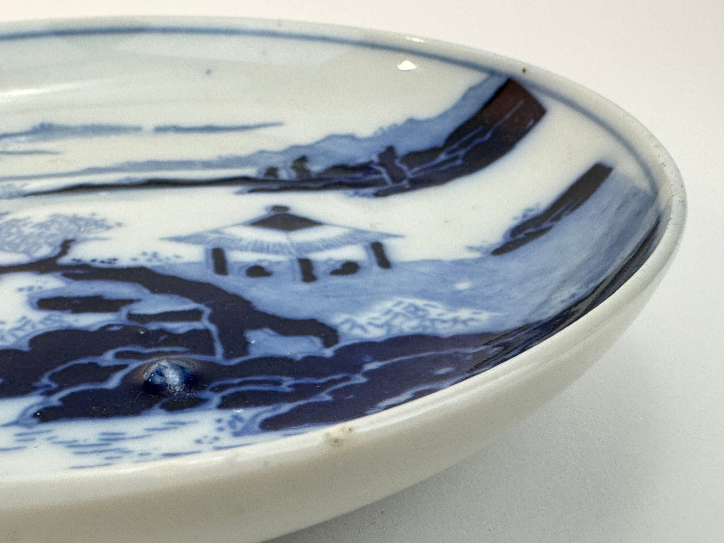 Antique Japanese Blue and White Landscape Dish with Pavilion Scene 6.25"W