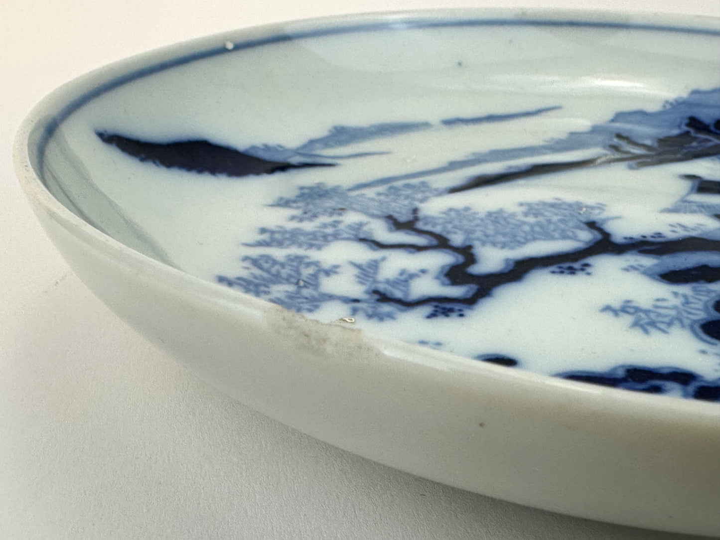 Antique Japanese Blue and White Landscape Dish with Pavilion Scene 6.25"W