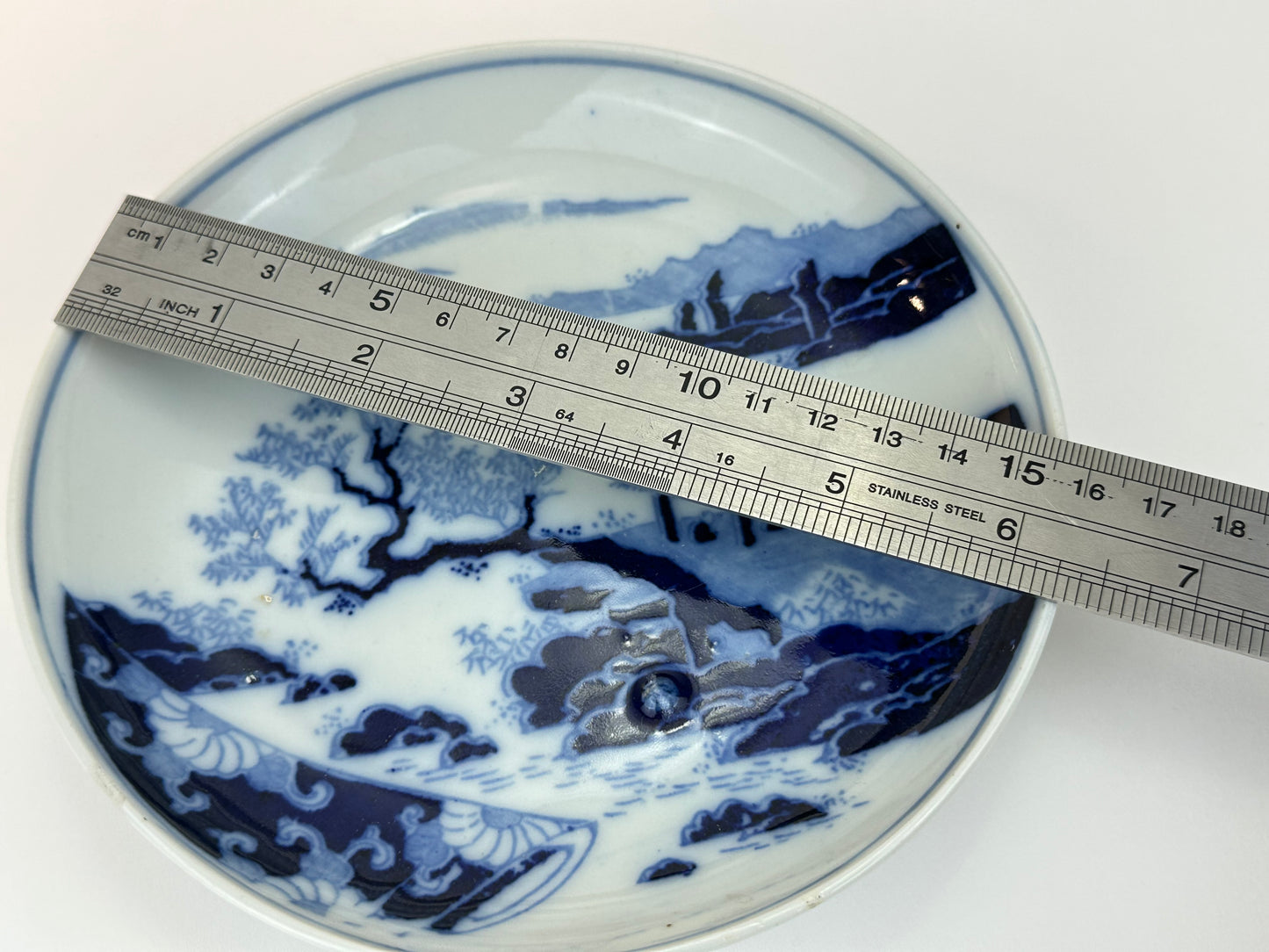Antique Japanese Blue and White Landscape Dish with Pavilion Scene 6.25"W