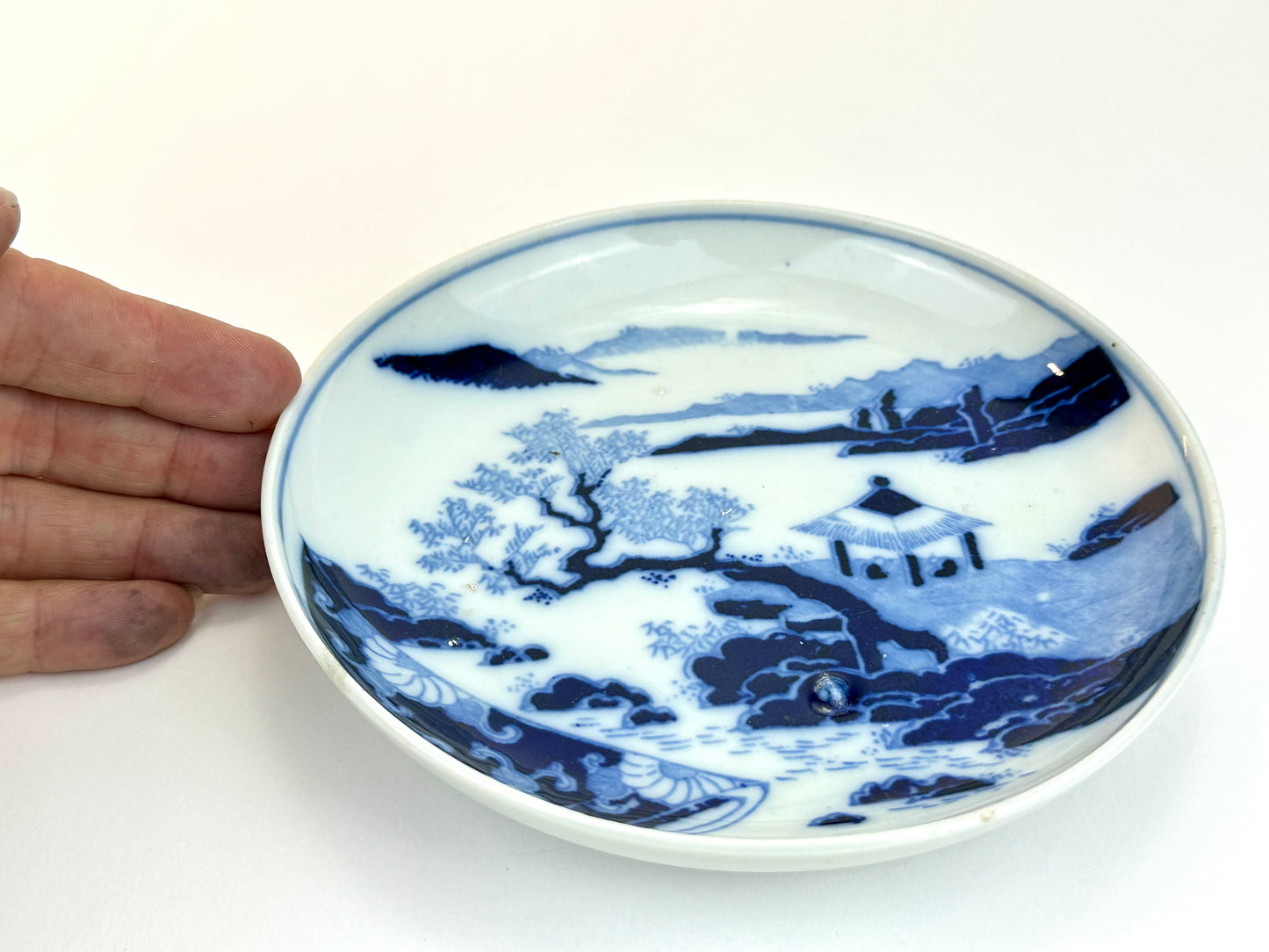 Antique Japanese Blue and White Landscape Dish with Pavilion Scene 6.25"W