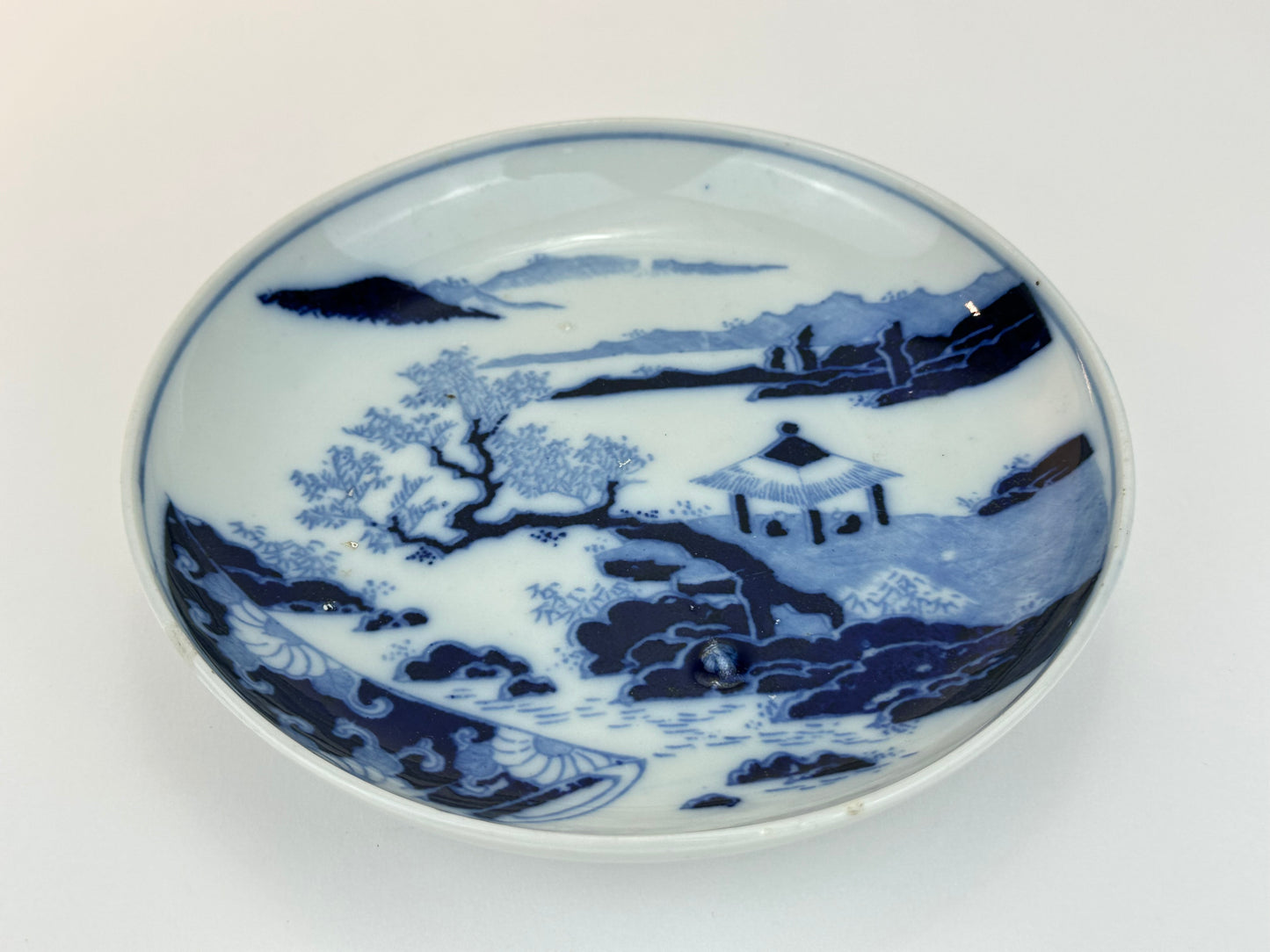 Antique Japanese Blue and White Landscape Dish with Pavilion Scene 6.25"W
