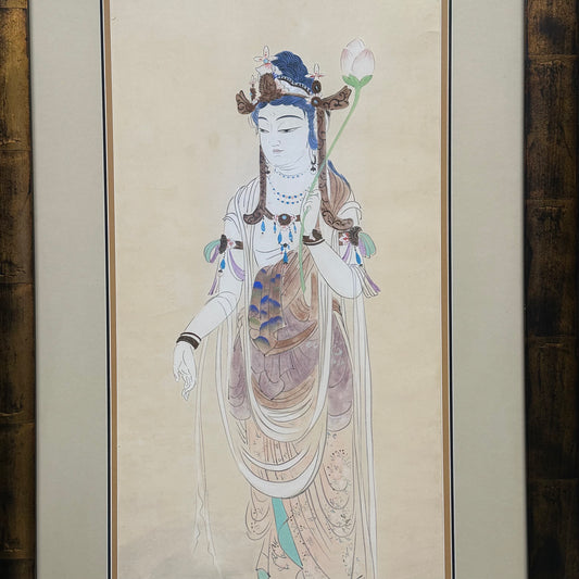 Antique Japanese Hand-Painted Hanging Scroll of Quan Yin (Kannon) 61"H