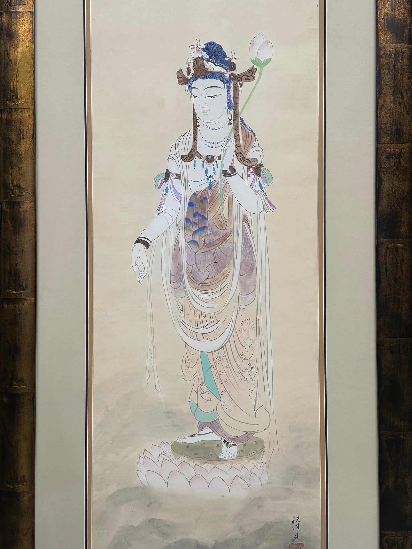 Antique Japanese Hand-Painted Hanging Scroll of Quan Yin (Kannon) 61"H
