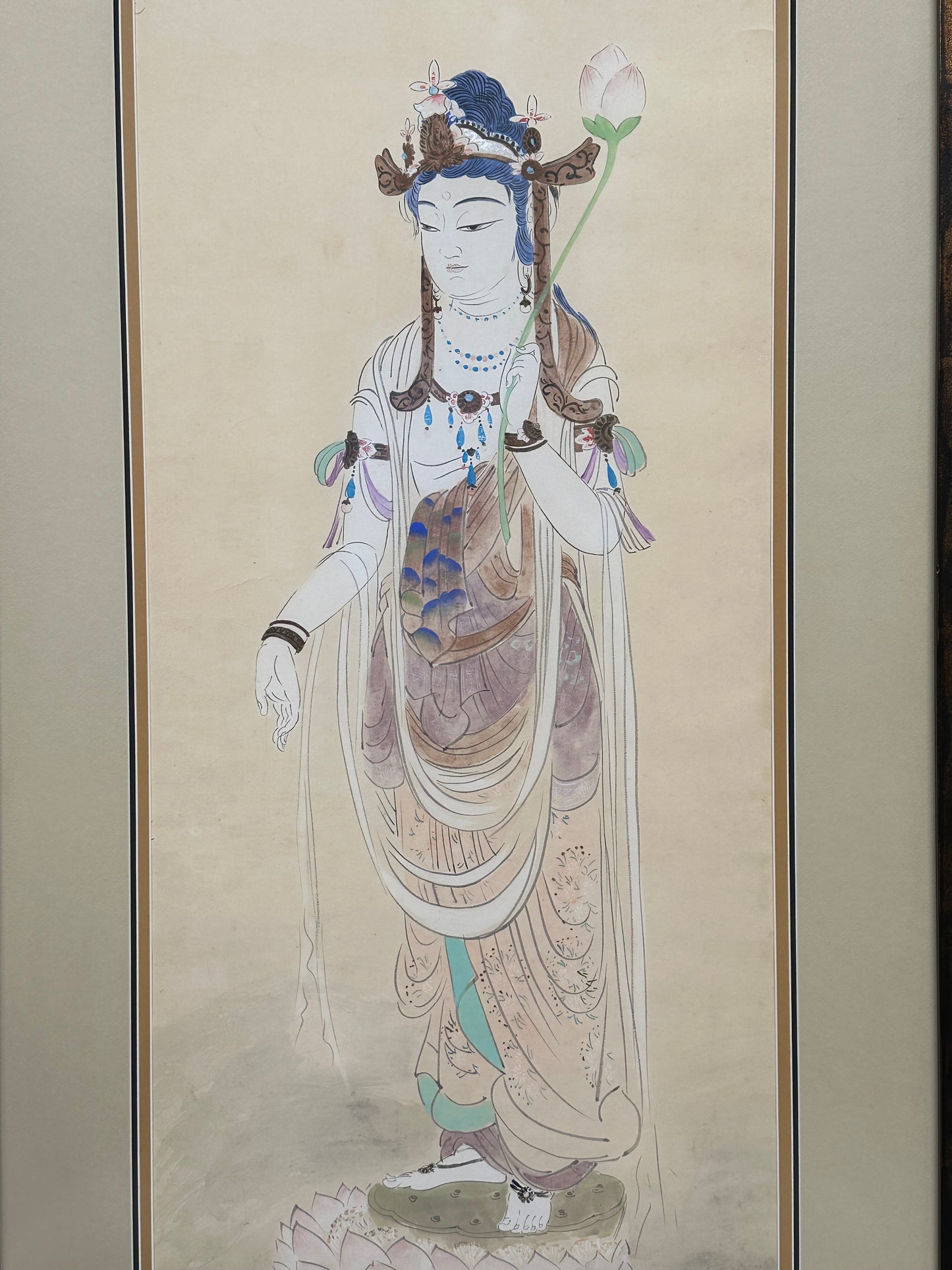 Antique Japanese Hand-Painted Hanging Scroll of Quan Yin (Kannon) 61"H