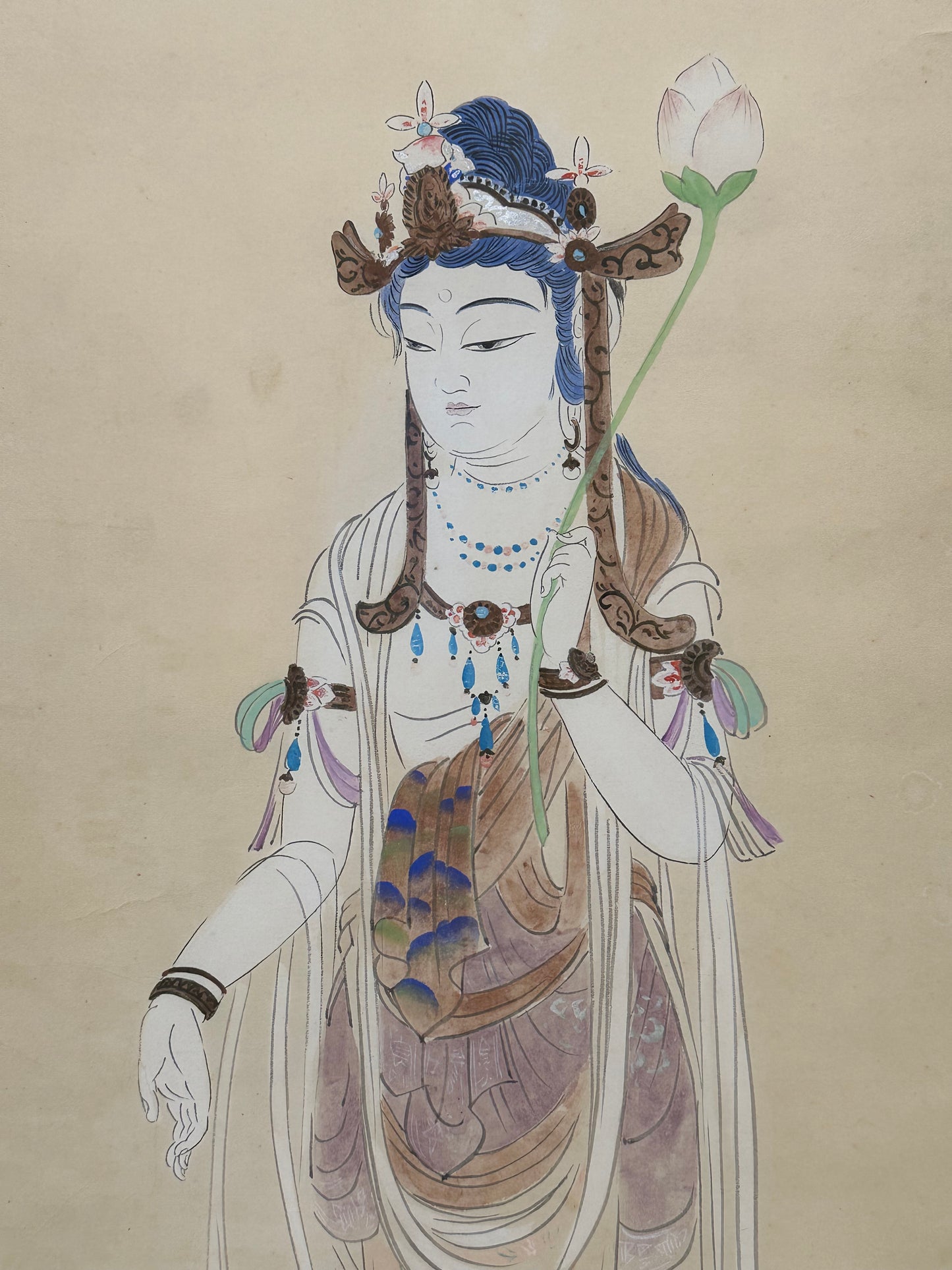 Antique Japanese Hand-Painted Hanging Scroll of Quan Yin (Kannon) 61"H