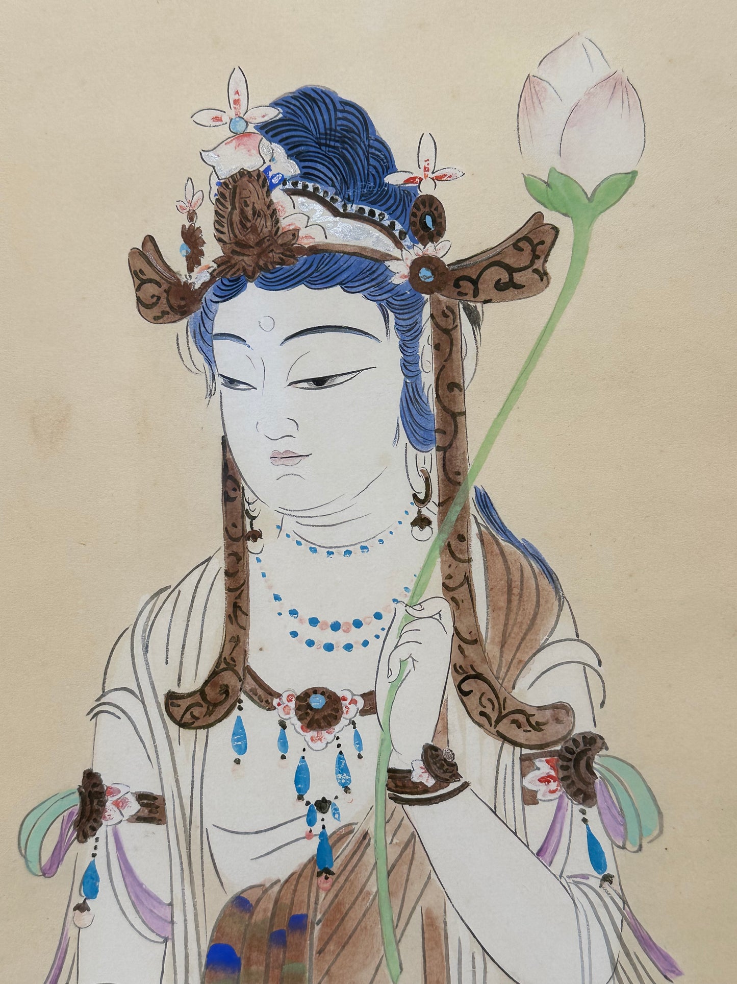 Antique Japanese Hand-Painted Hanging Scroll of Quan Yin (Kannon) 61"H
