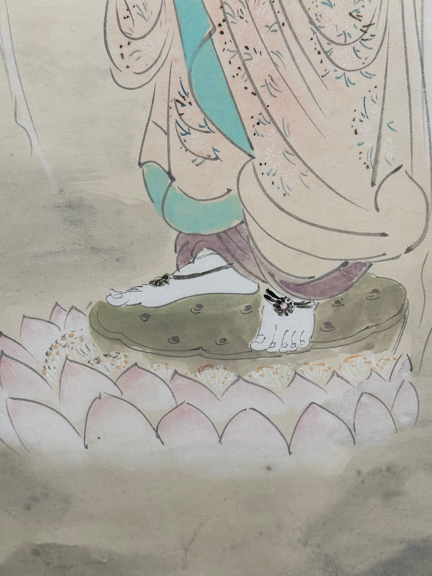 Antique Japanese Hand-Painted Hanging Scroll of Quan Yin (Kannon) 61"H