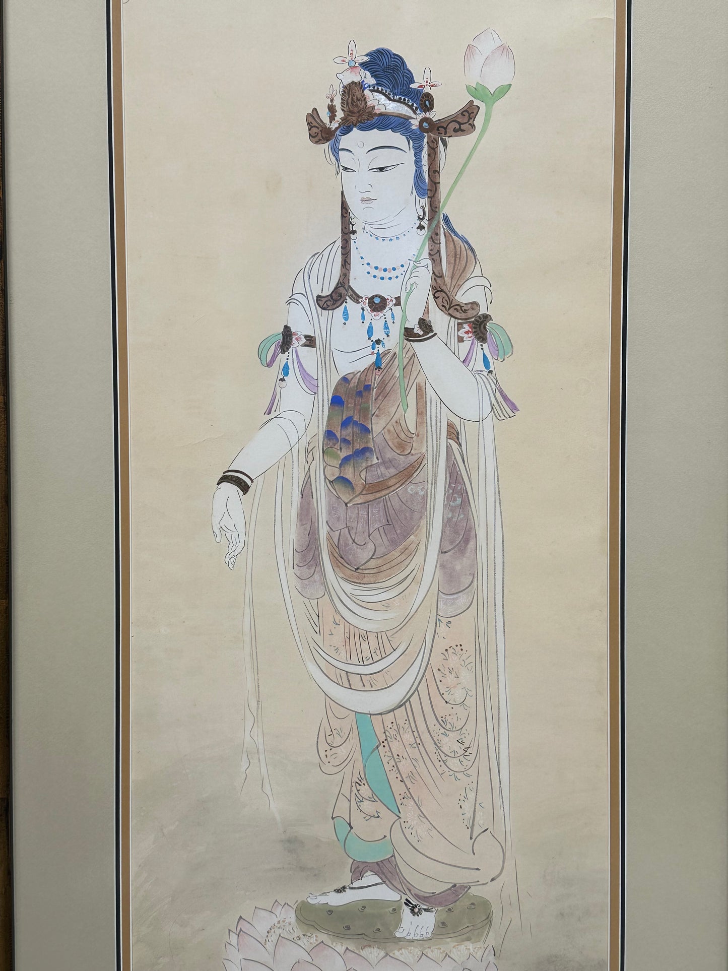 Antique Japanese Hand-Painted Hanging Scroll of Quan Yin (Kannon) 61"H