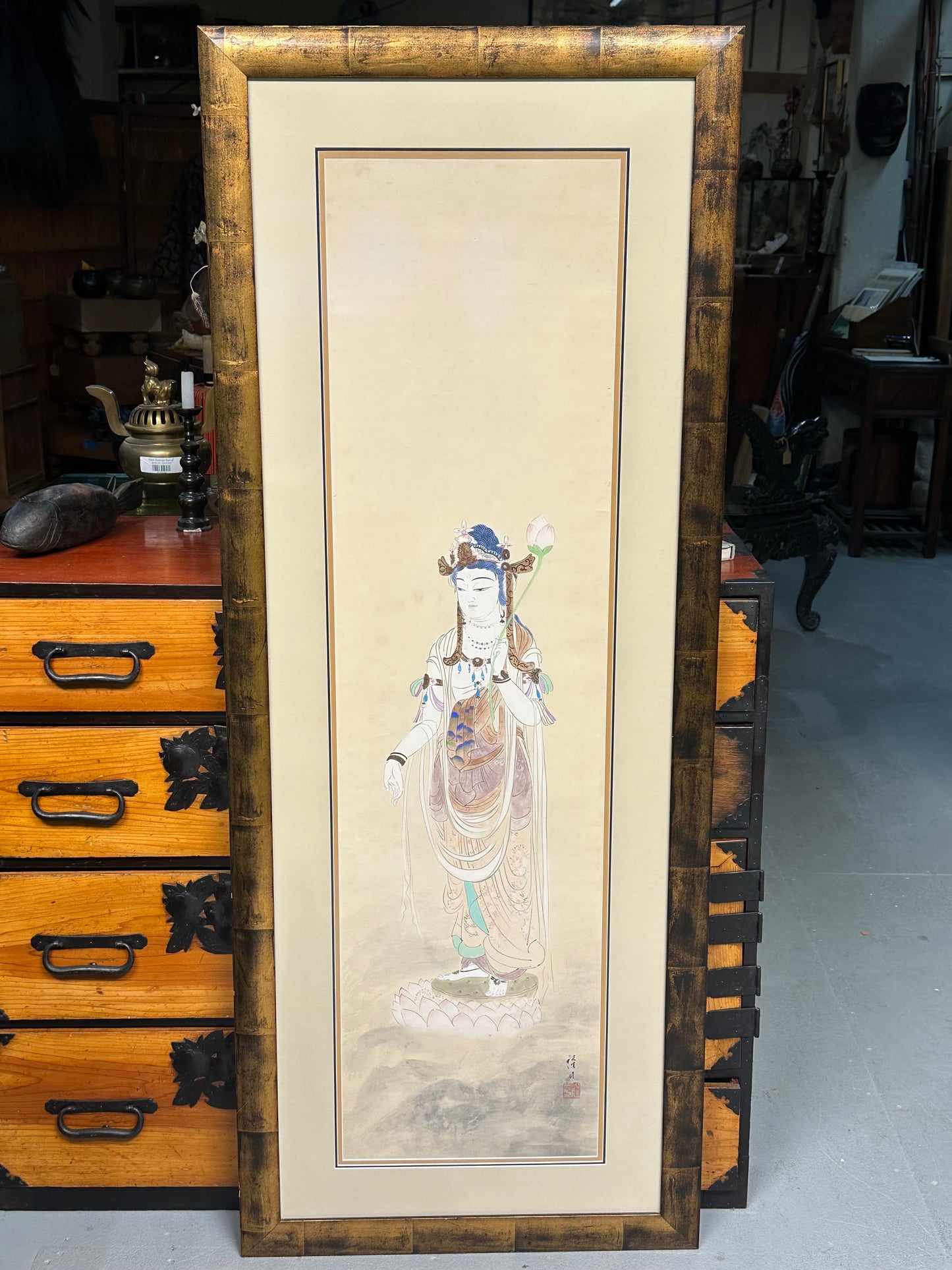 Antique Japanese Hand-Painted Hanging Scroll of Quan Yin (Kannon) 61"H