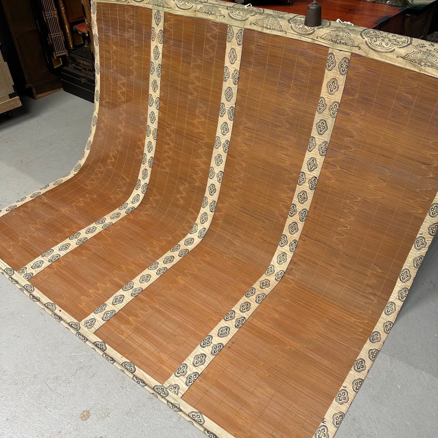 Antique Japanese Late Meiji Sudare Bamboo Screen Kamon Textile Borders 72"W