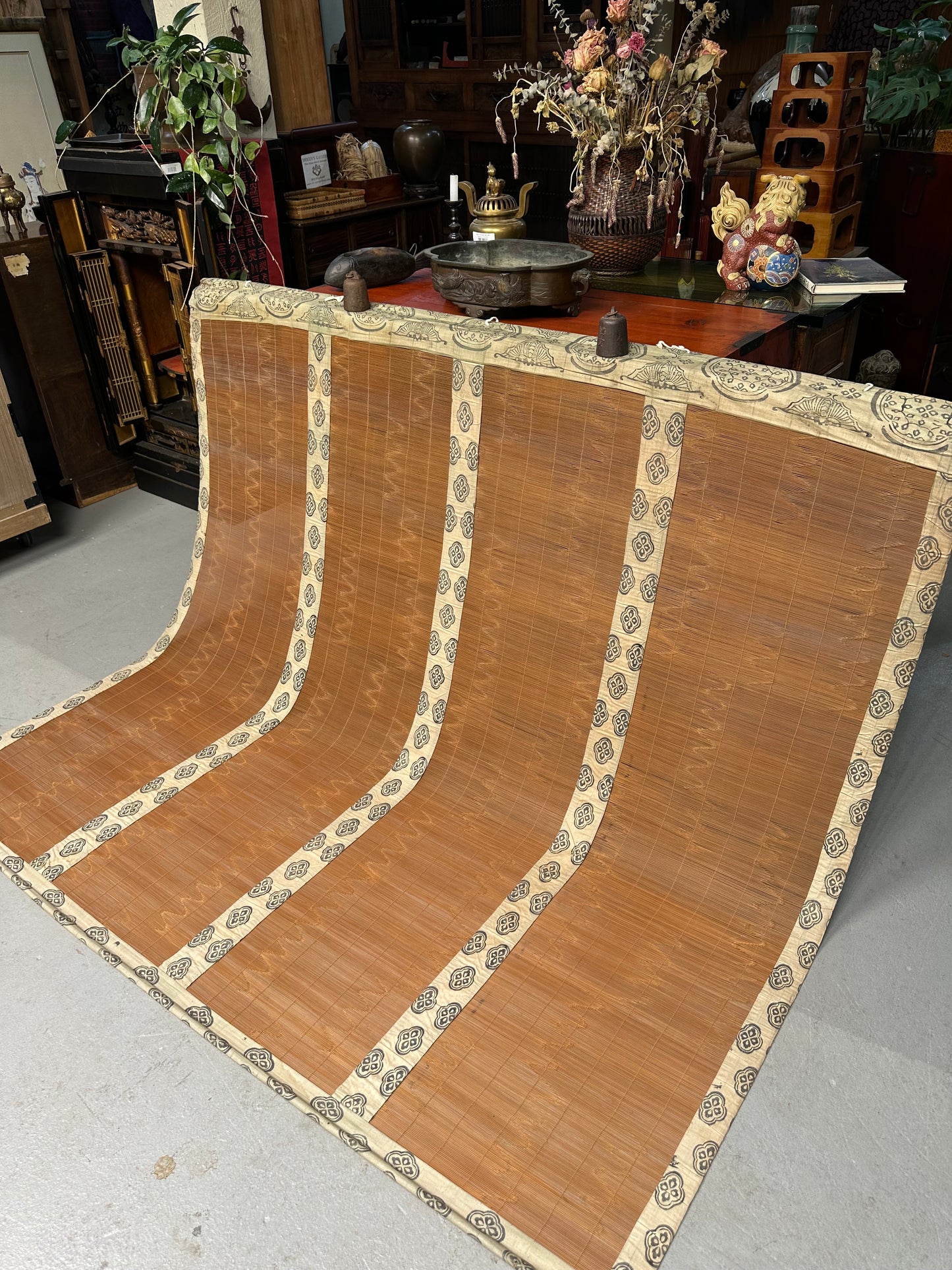 Antique Japanese Late Meiji Sudare Bamboo Screen Kamon Textile Borders 72"W