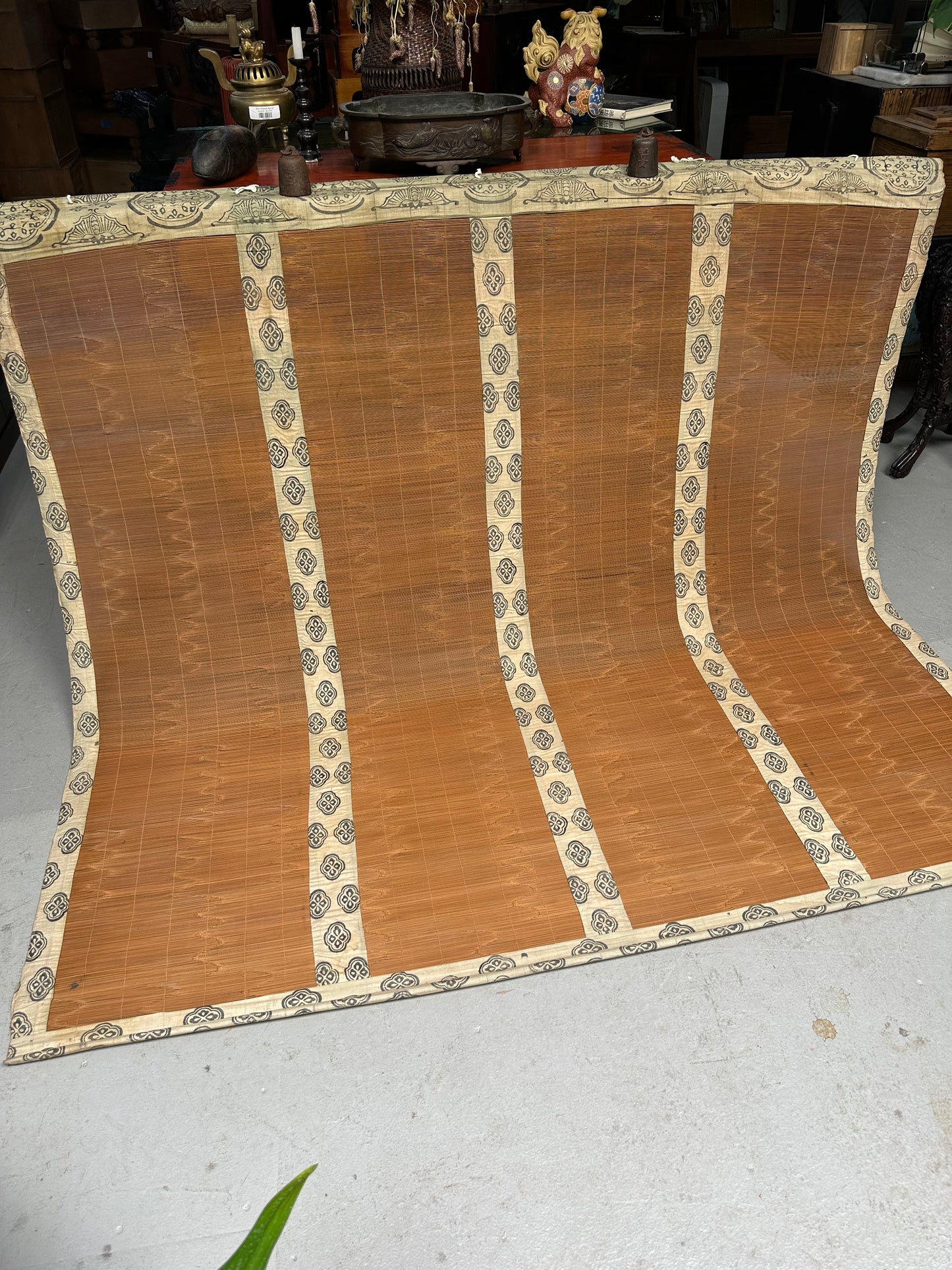 Antique Japanese Late Meiji Sudare Bamboo Screen Kamon Textile Borders 72"W