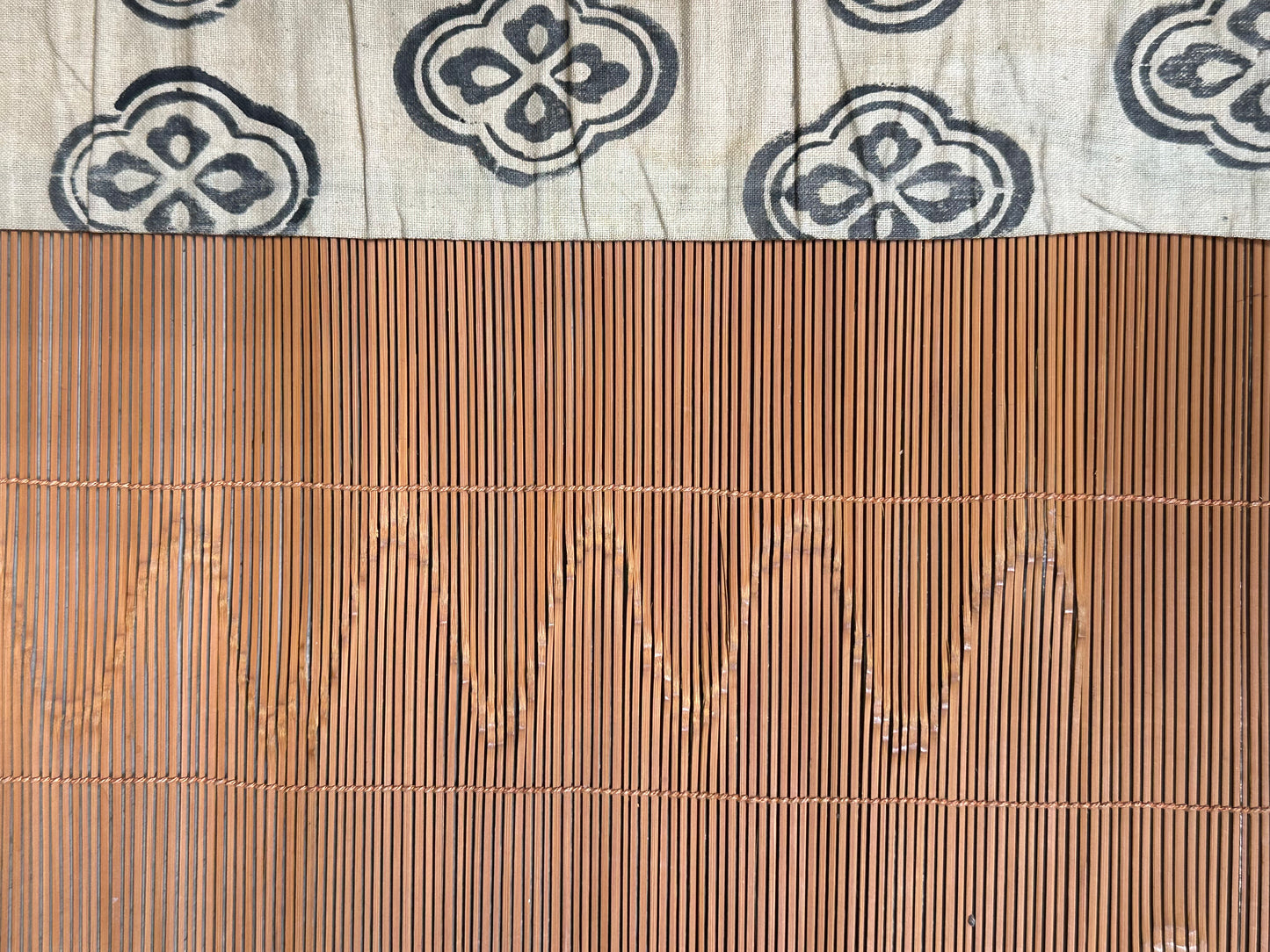 Antique Japanese Late Meiji Sudare Bamboo Screen Kamon Textile Borders 72"W
