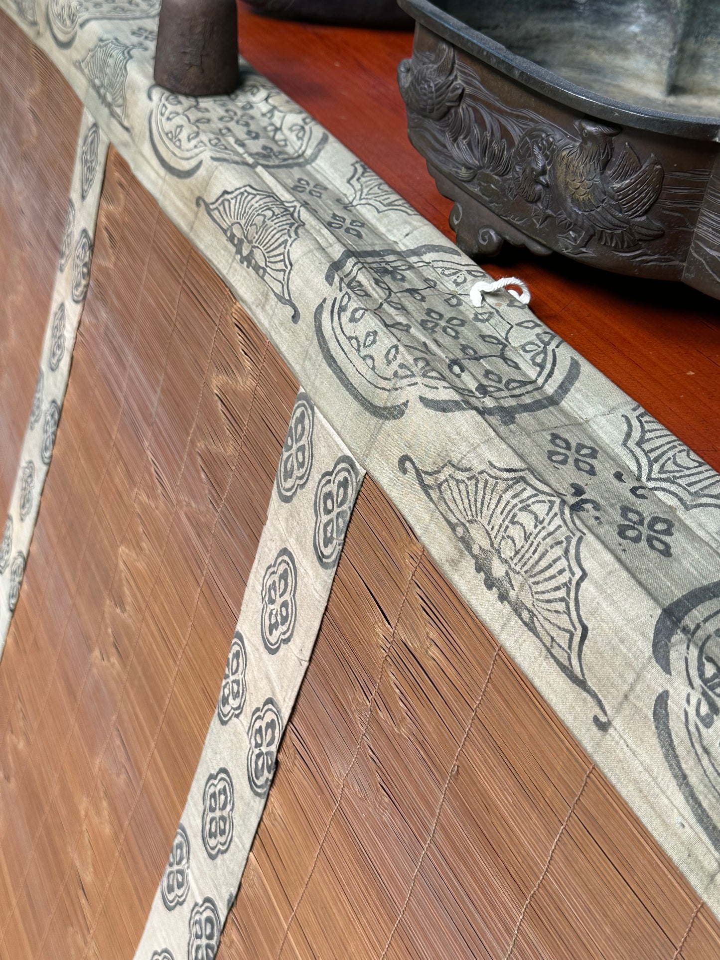 Antique Japanese Late Meiji Sudare Bamboo Screen Kamon Textile Borders 72"W