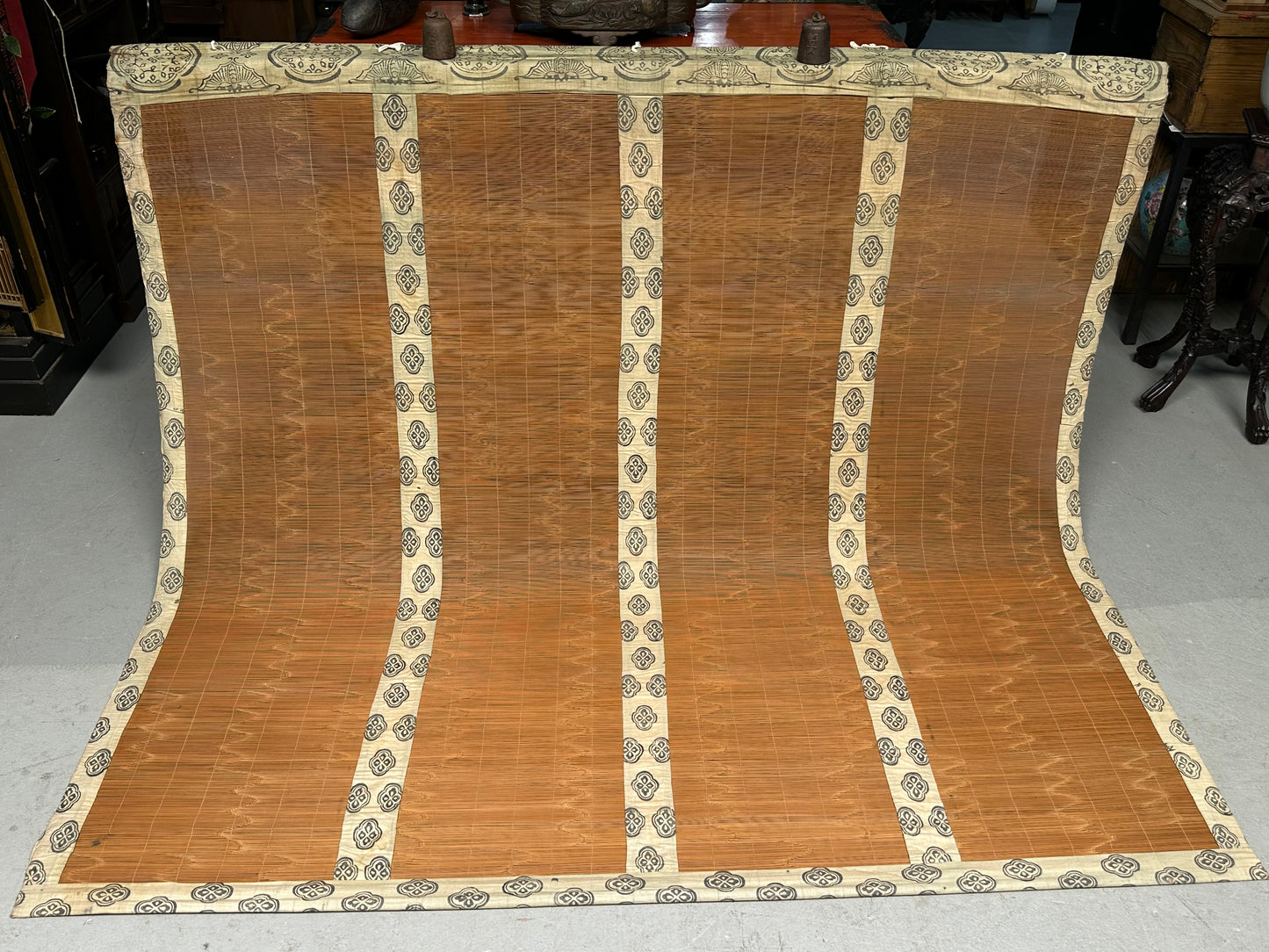 Antique Japanese Late Meiji Sudare Bamboo Screen Kamon Textile Borders 72"W