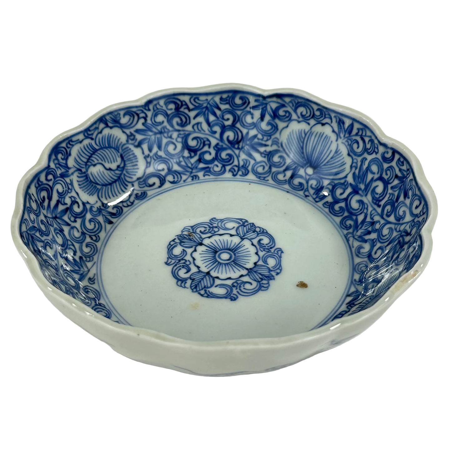 Antique Japanese Edo Period Blue & White Porcelain Lobed Bowl Floral Scrolls 6"W