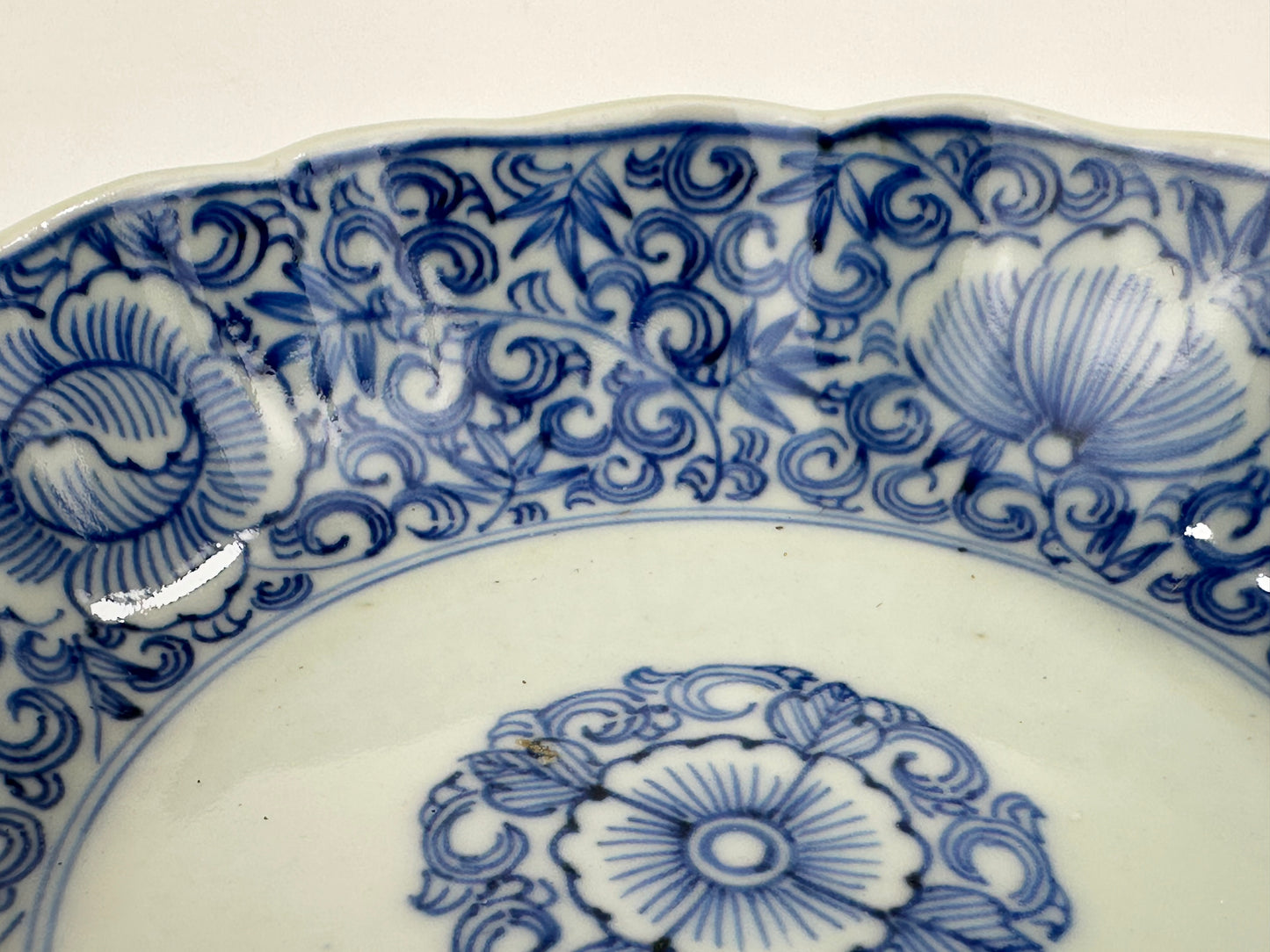 Antique Japanese Edo Period Blue & White Porcelain Lobed Bowl Floral Scrolls 6"W