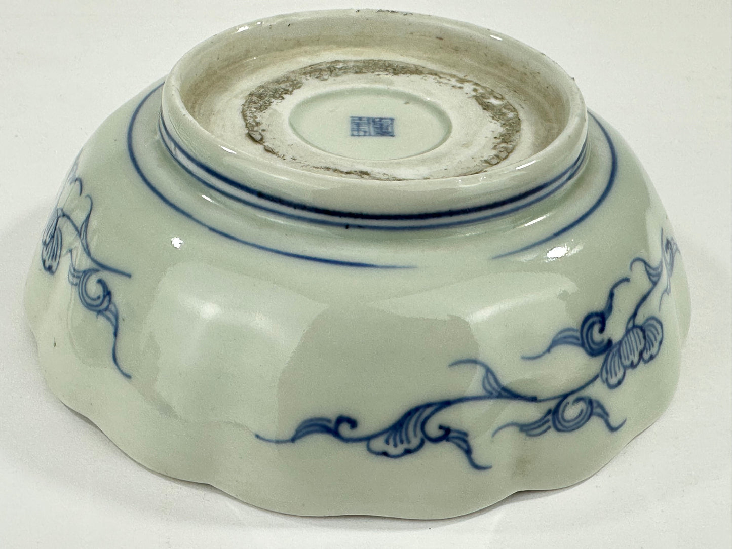 Antique Japanese Edo Period Blue & White Porcelain Lobed Bowl Floral Scrolls 6"W