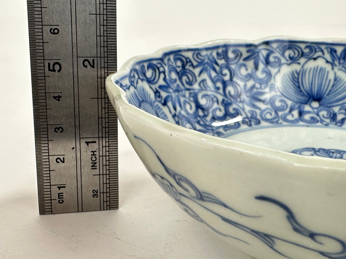 Antique Japanese Edo Period Blue & White Porcelain Lobed Bowl Floral Scrolls 6"W