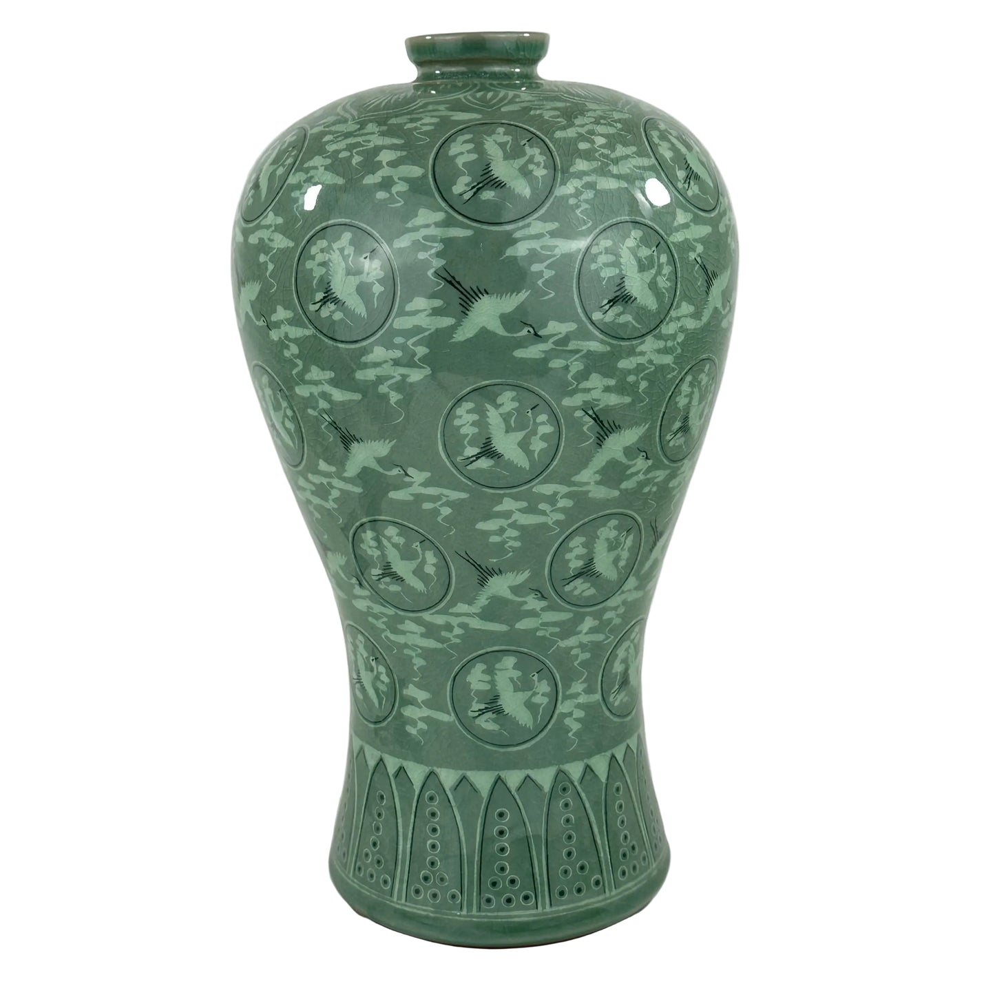 Vintage Japanese Celadon Crane Motif Vase 13"H Late 20th