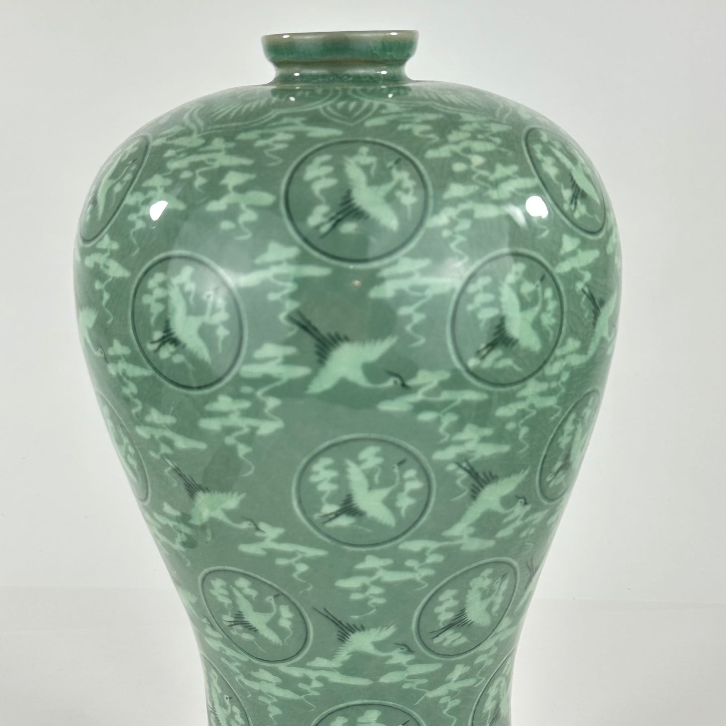 Vintage Japanese Celadon Crane Motif Vase 13"H Late 20th