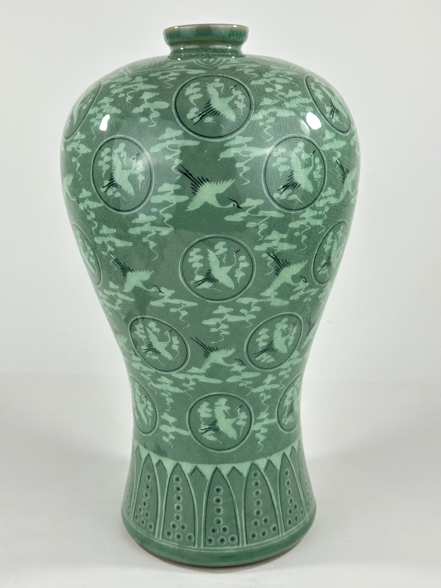 Vintage Japanese Celadon Crane Motif Vase 13"H Late 20th