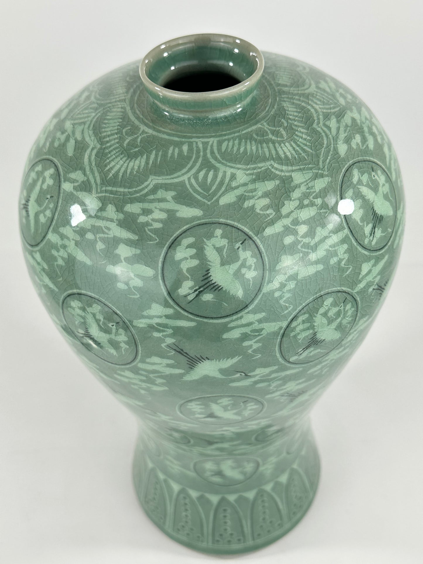 Vintage Japanese Celadon Crane Motif Vase 13"H Late 20th