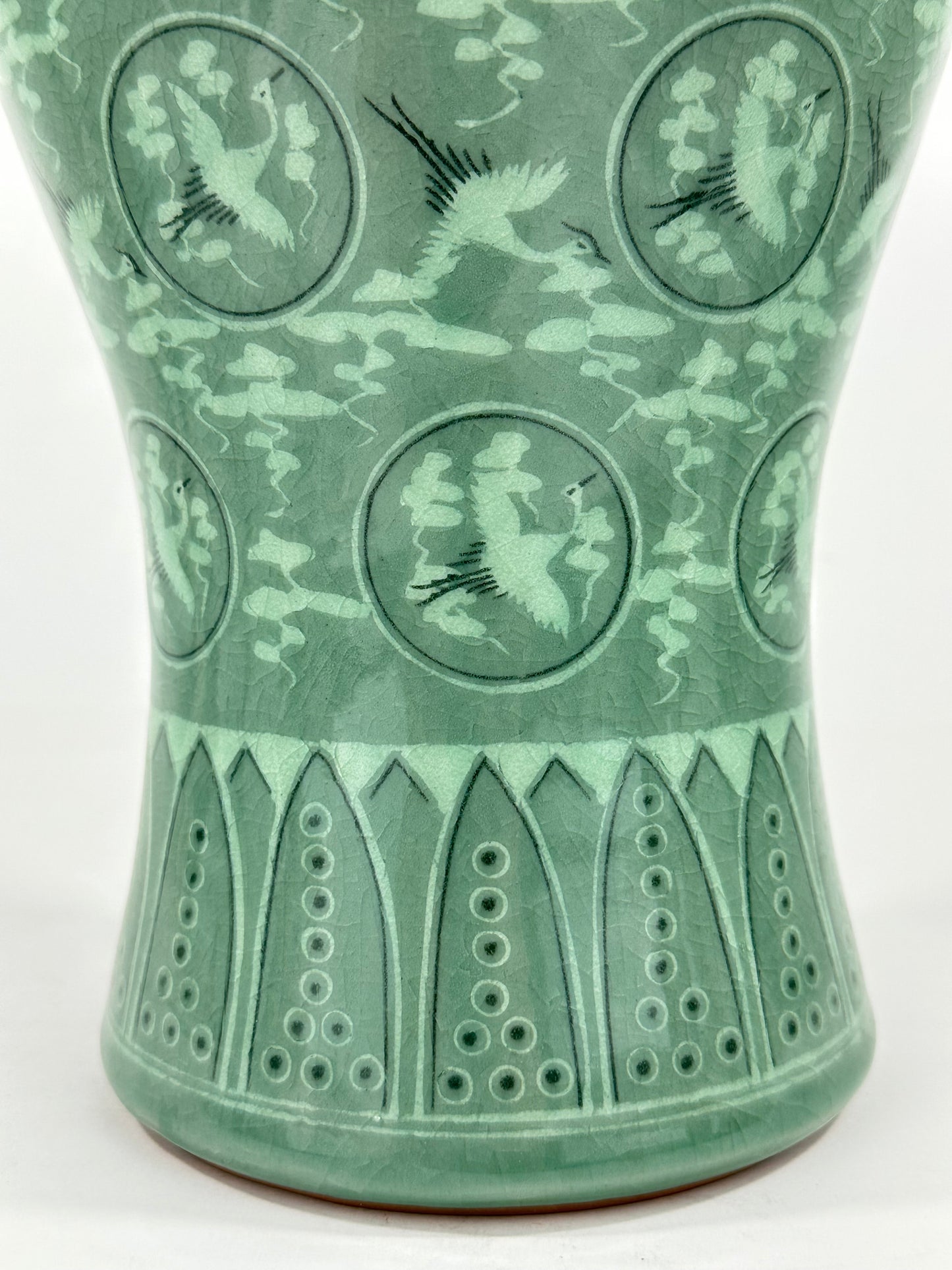 Vintage Japanese Celadon Crane Motif Vase 13"H Late 20th