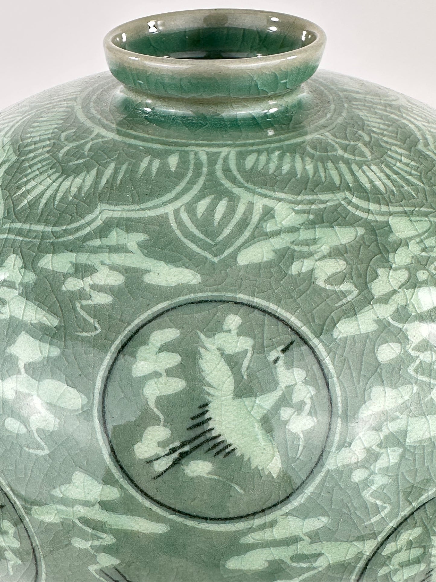 Vintage Japanese Celadon Crane Motif Vase 13"H Late 20th